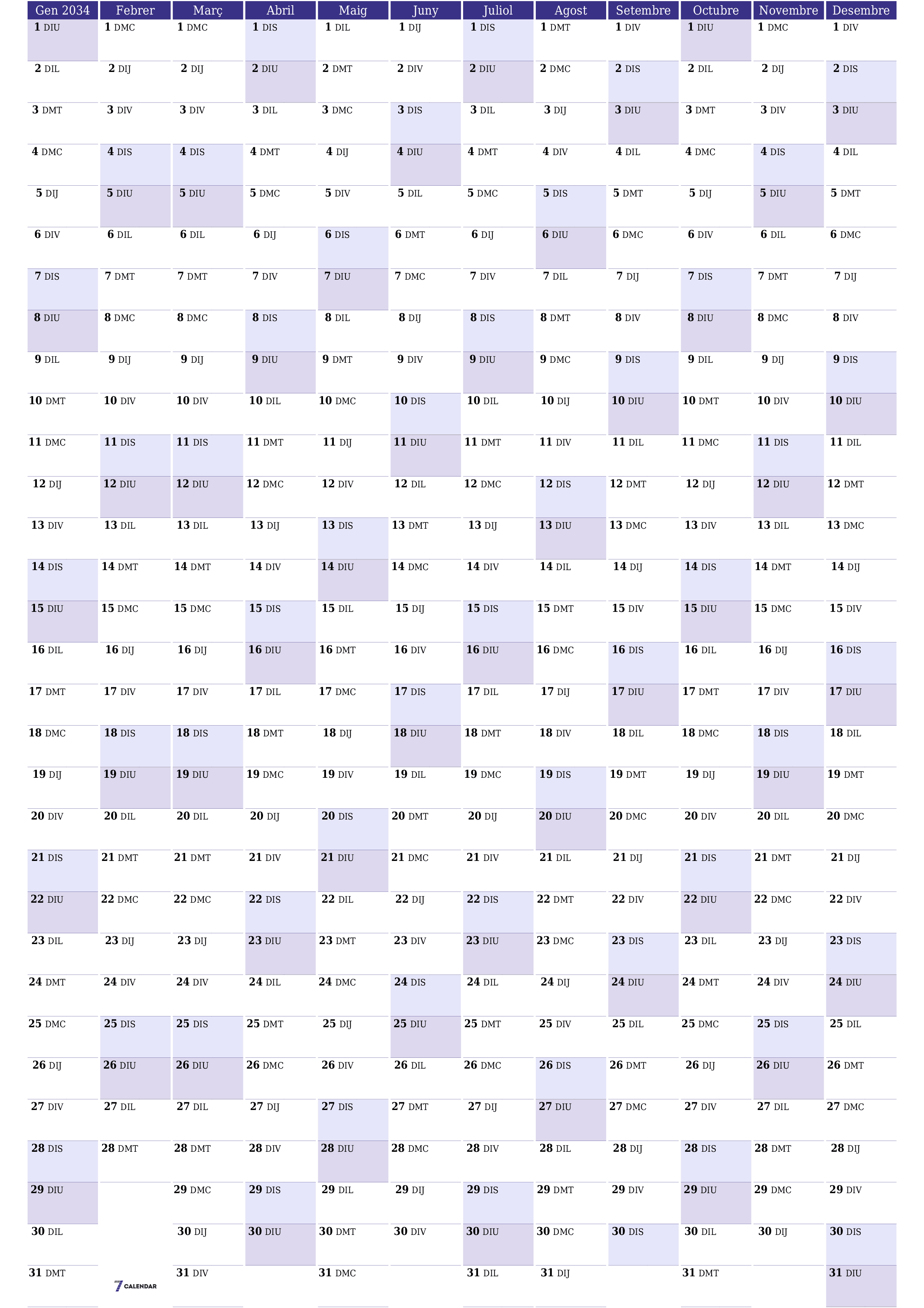 Planificador anual buit 2034 amb notes desades i imprimides en PDF PNG Catalan