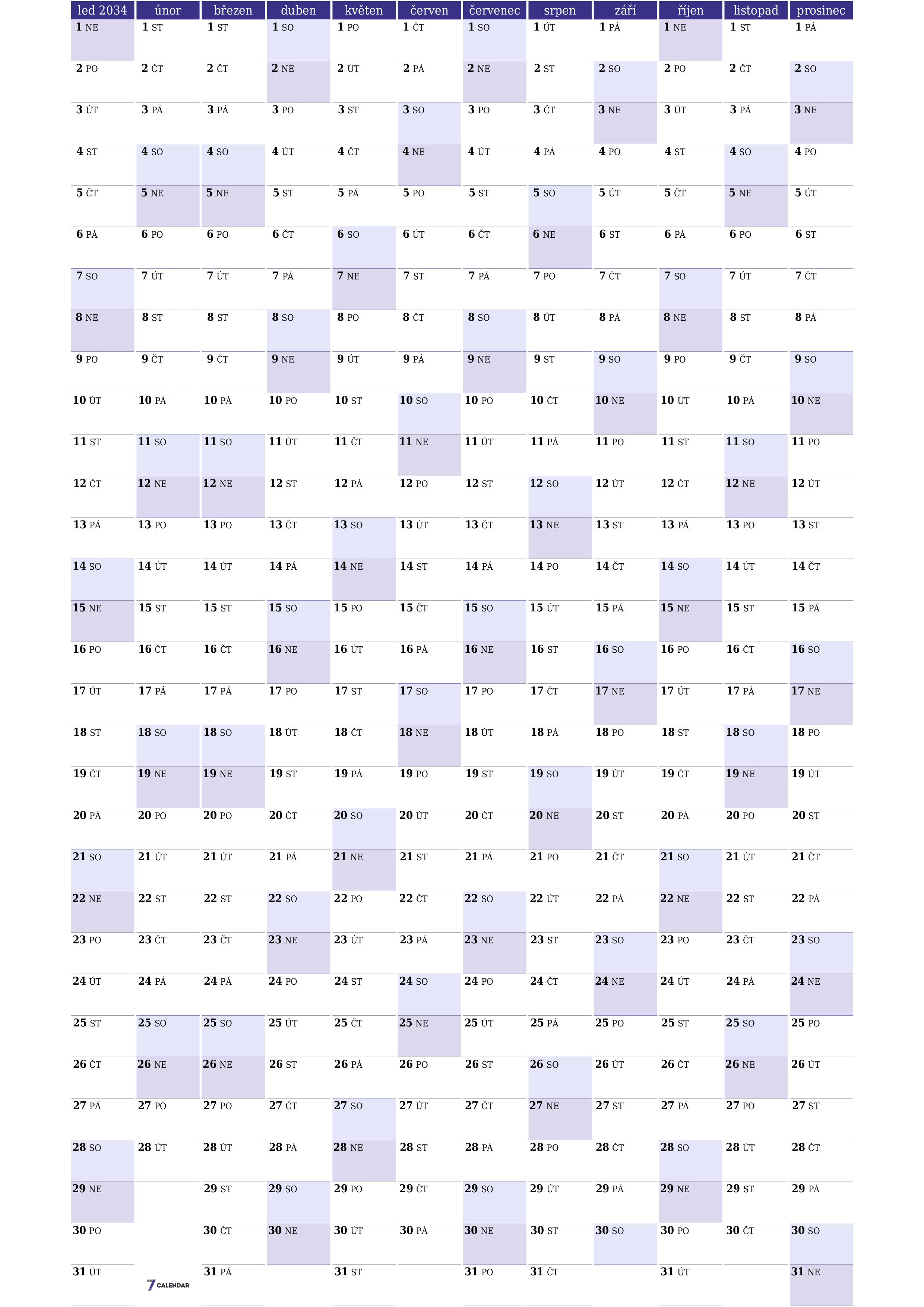 Prázdný roční kalendář plánovače pro rok 2034 s poznámkami, uložením a tiskem do PDF PNG Czech