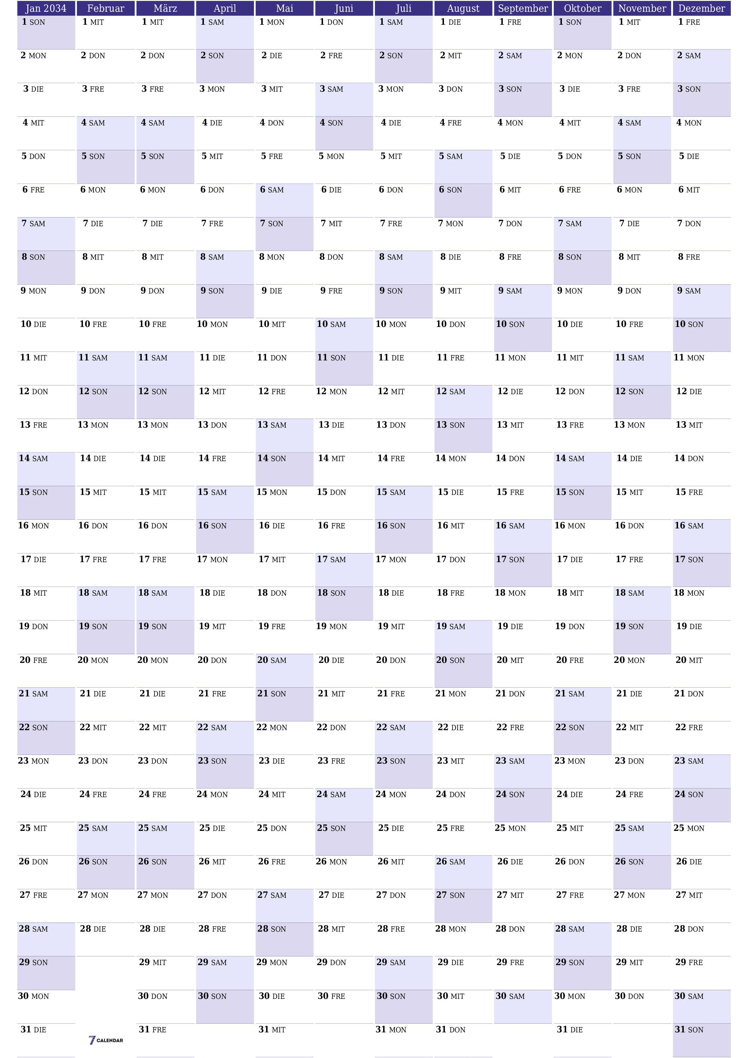 Jahresplanerkalender für das Jahr 2034 mit Notizen leeren, speichern und als PDF PNG German - 7calendar.com drucken