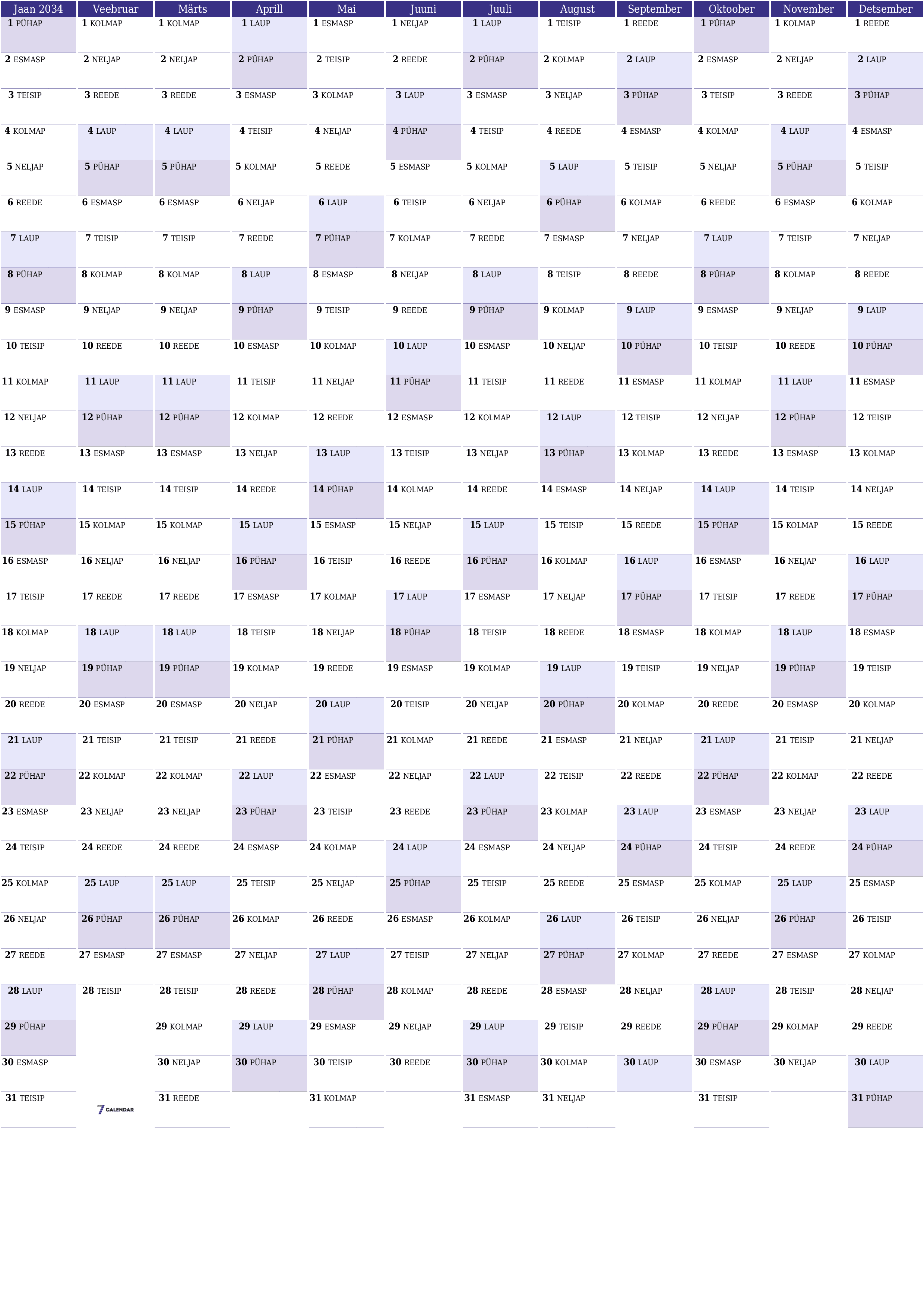 Tühi aasta planeerija kalender aastaks 2034 koos märkmetega, salvestage ja printige PDF-i PNG Estonian