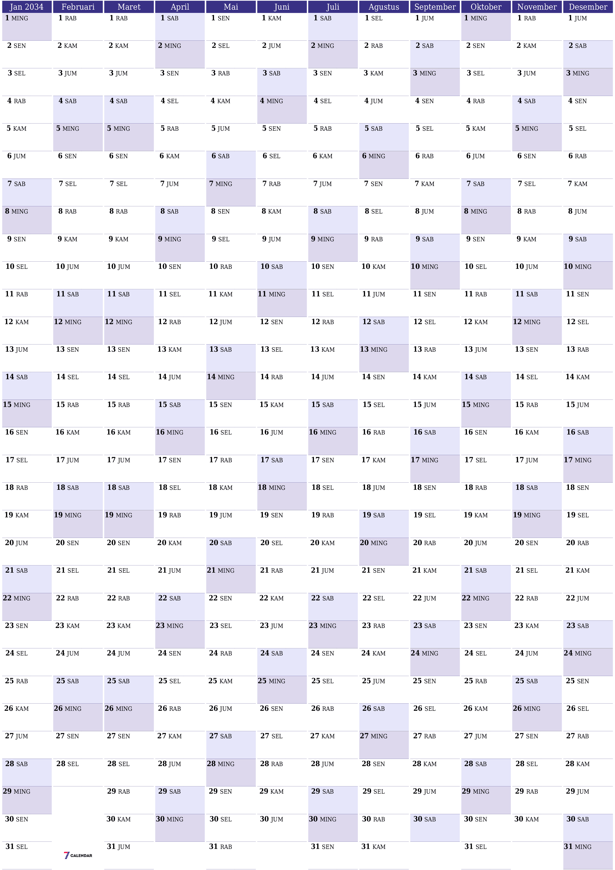 Kosongkan kalender perencana tahunan untuk tahun ini 2034 dengan catatan, simpan dan cetak ke PDF PNG Indonesian