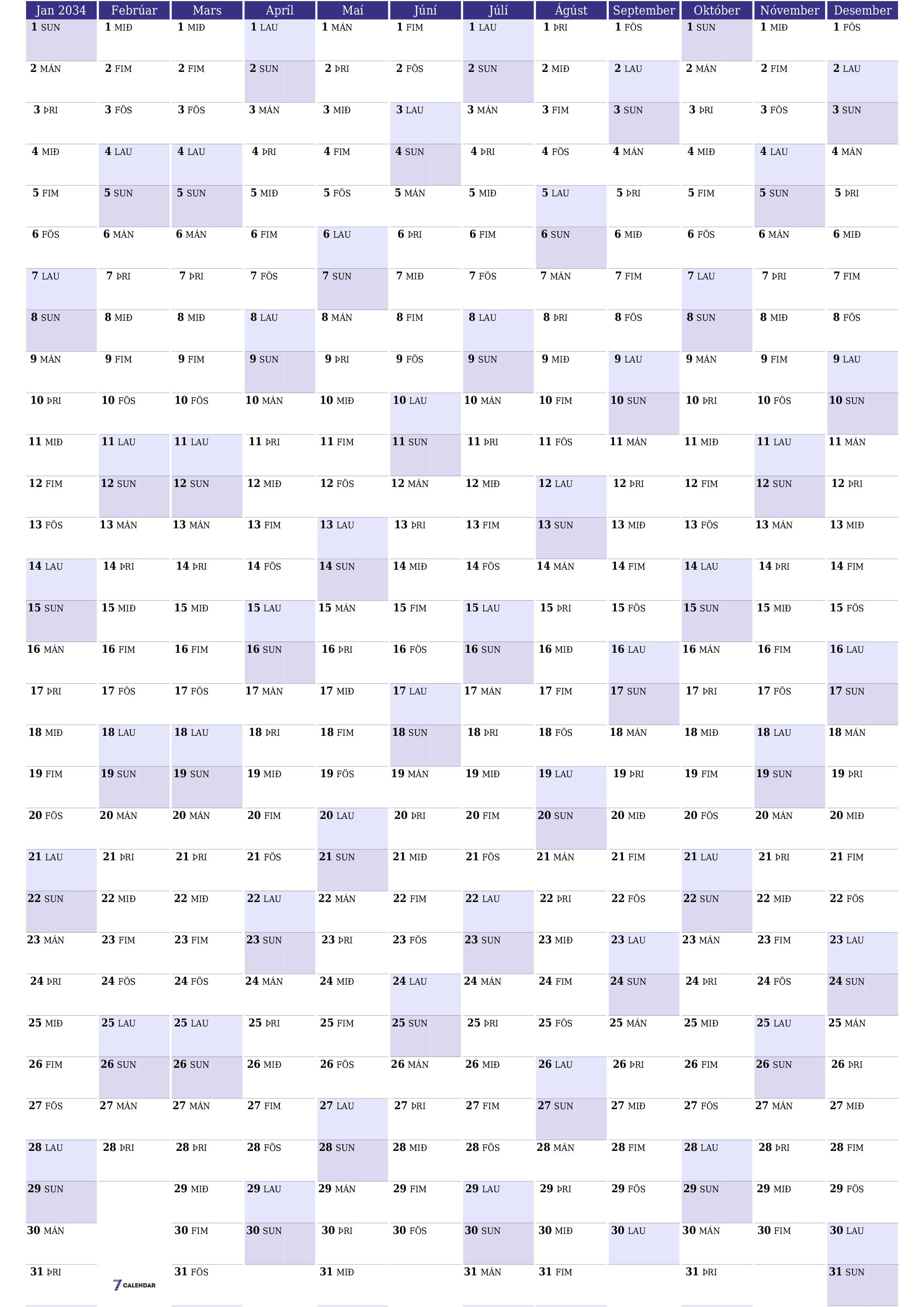 Tómt árlegt dagatal skipuleggjanda fyrir árið 2034 með athugasemdum, vista og prenta á PDF PNG Icelandic