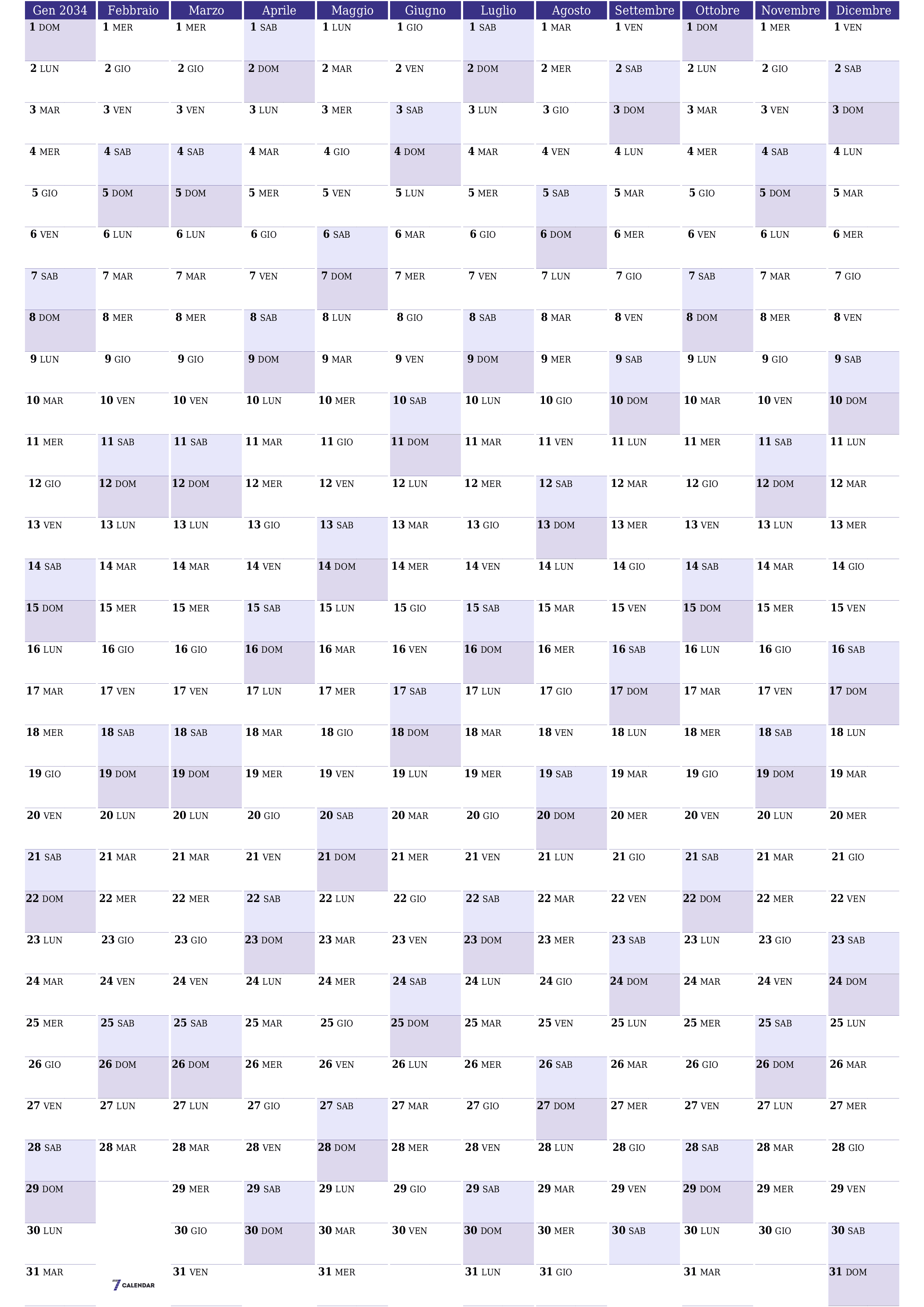 Calendario pianificatore annuale vuoto per l'anno 2034 con note, salva e stampa in PDF PNG Italian