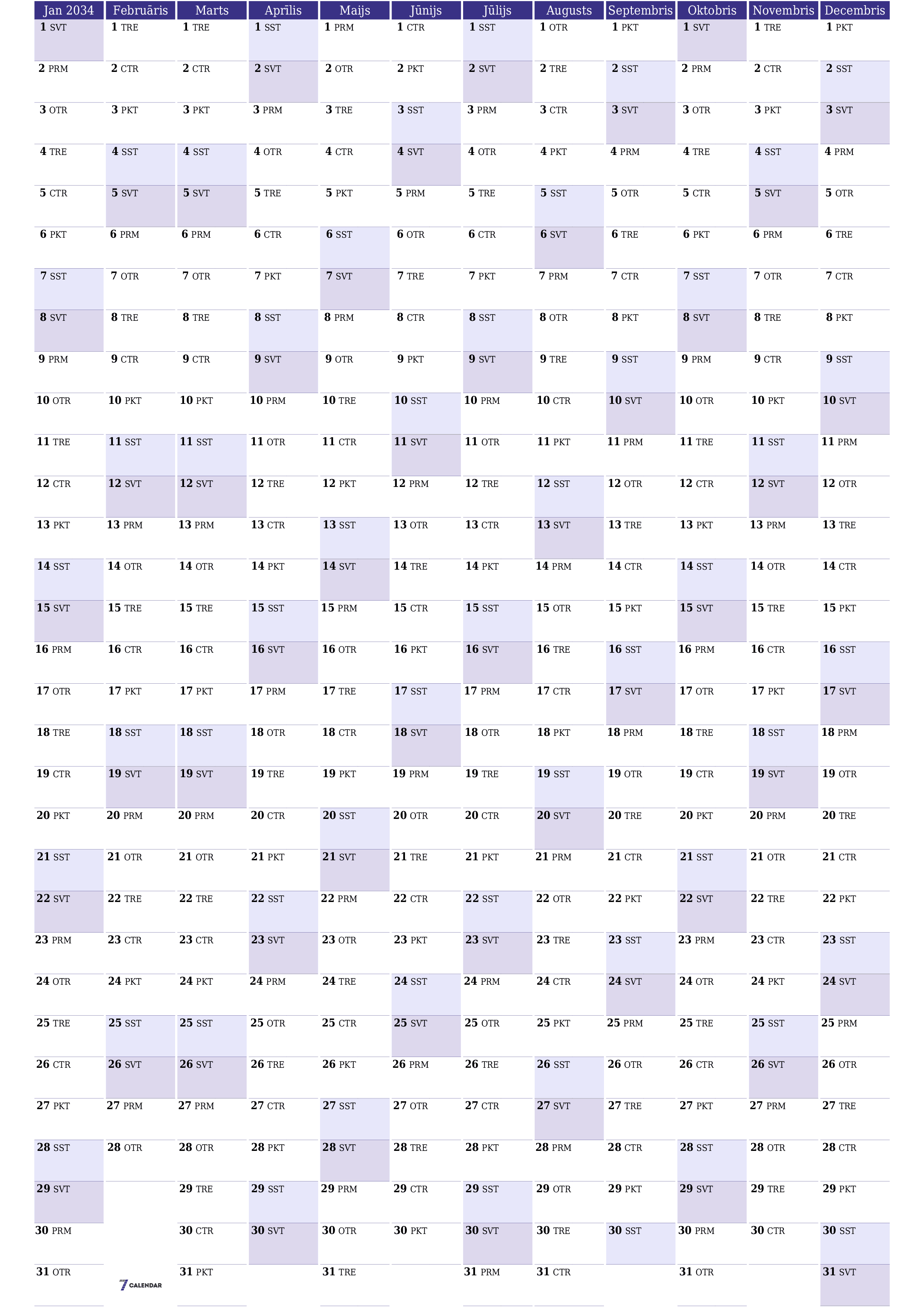 Tukšs gada plānotāja kalendārs gadam 2034 ar piezīmēm, saglabāšana un izdrukāšana PDF formātā PNG Latvian