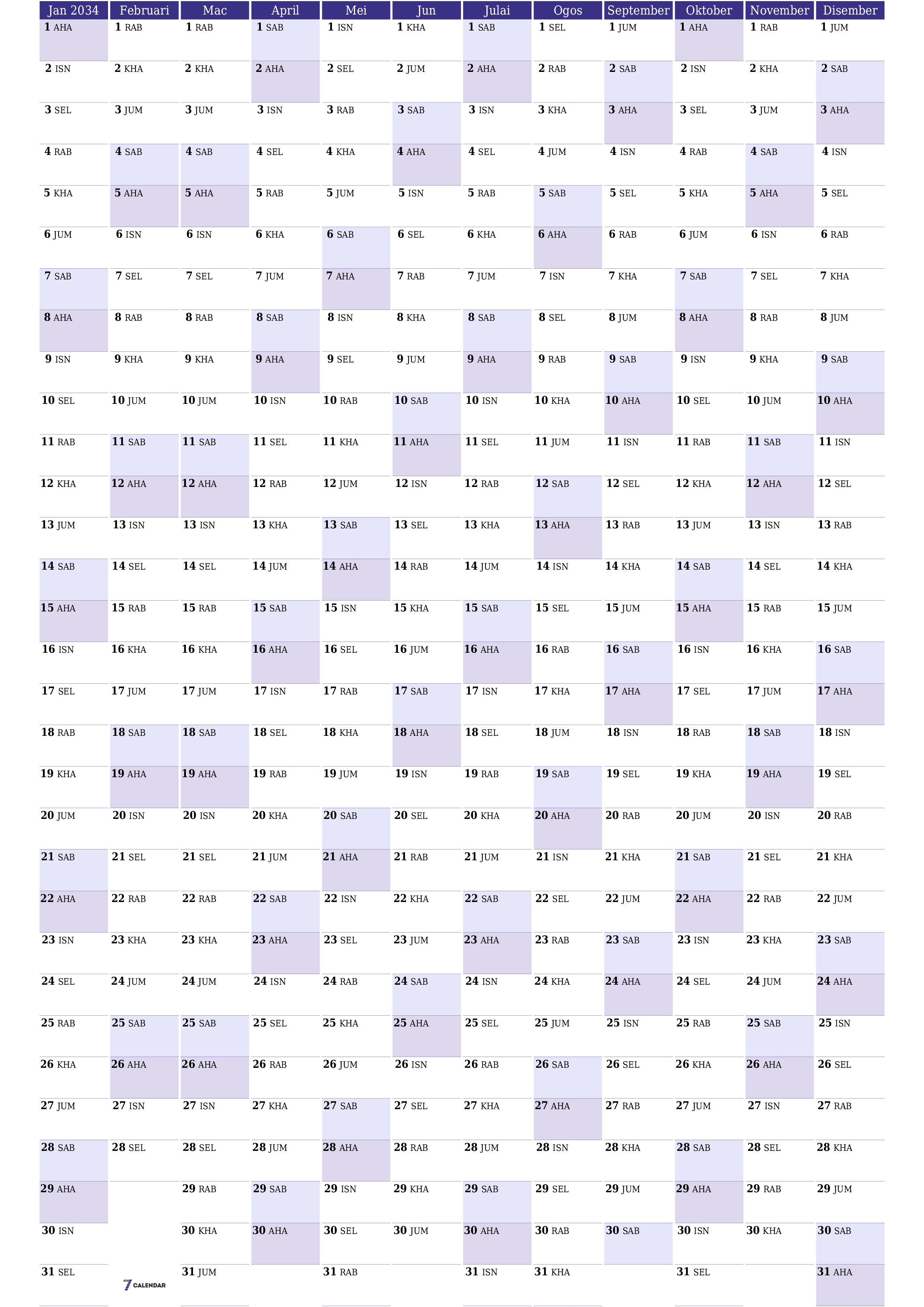 Kalendar perancang tahunan kosong untuk tahun ini 2034 dengan nota, simpan dan cetak ke PDF PNG Malay