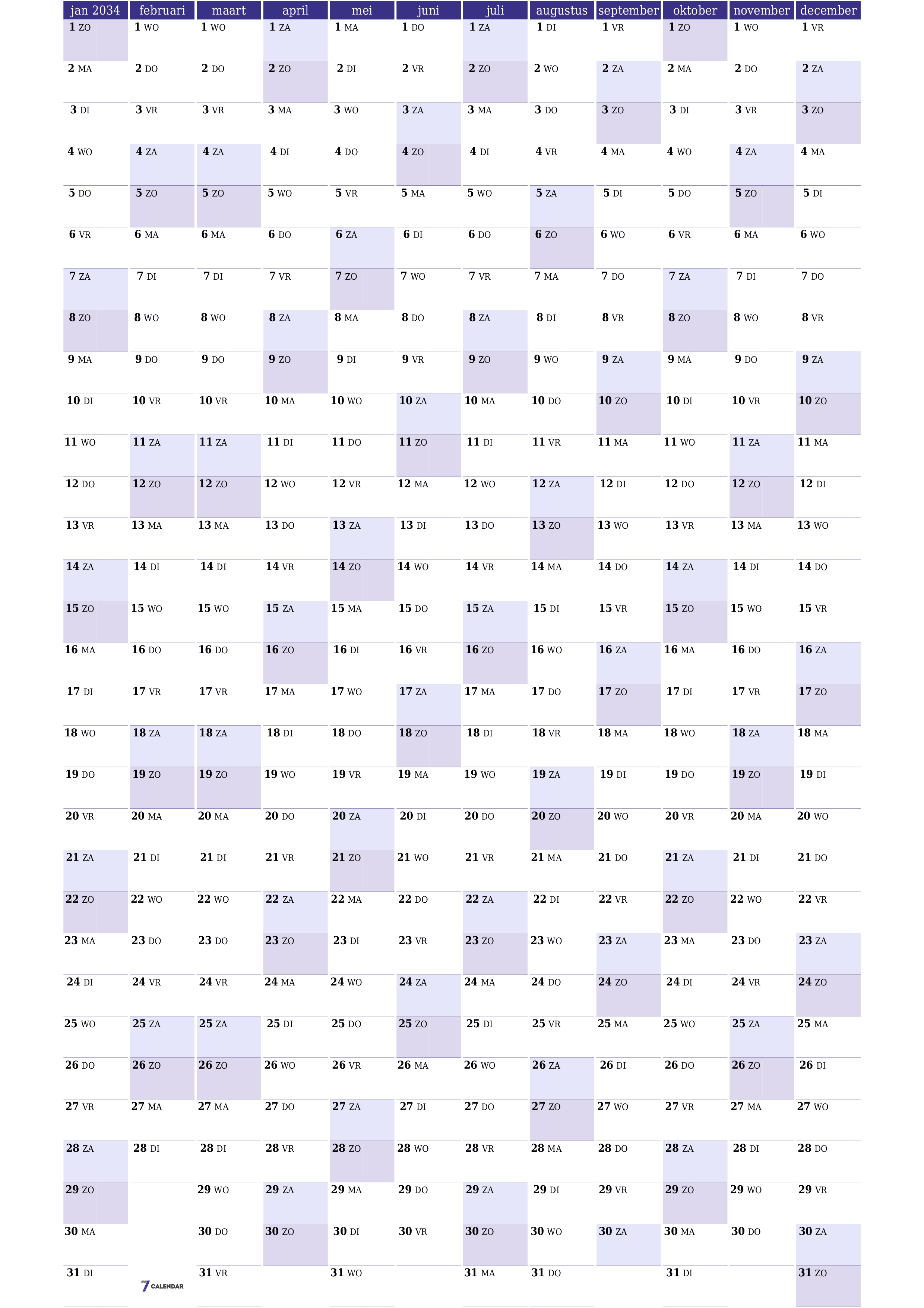 Lege jaarplanningskalender voor het jaar 2034 met notities, opslaan en afdrukken naar pdf PNG Dutch