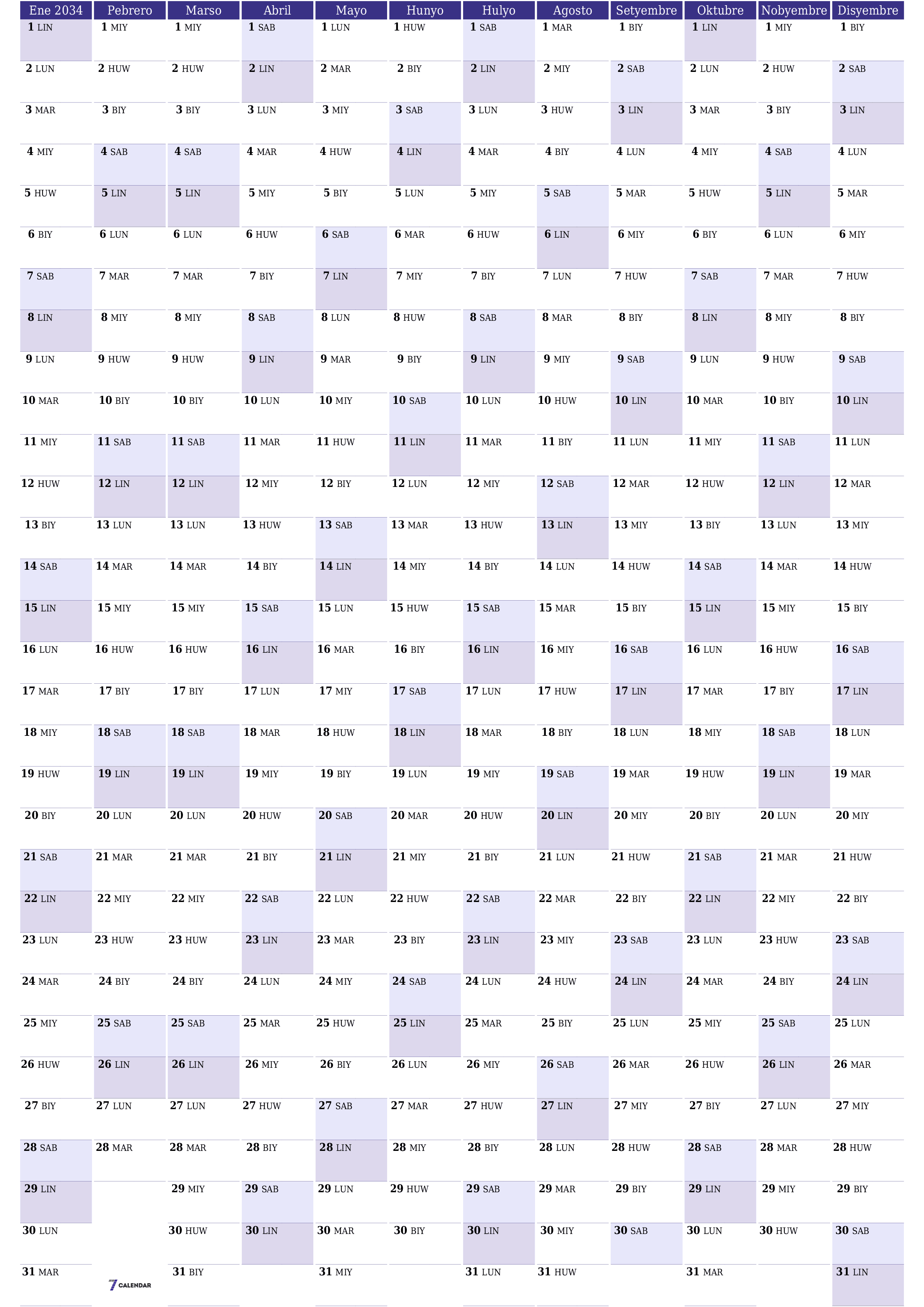 Walang laman ang taunang kalendaryo ng tagaplano para sa taong 2034 na may mga tala, i-save at i-print sa PDF PNG Filipino