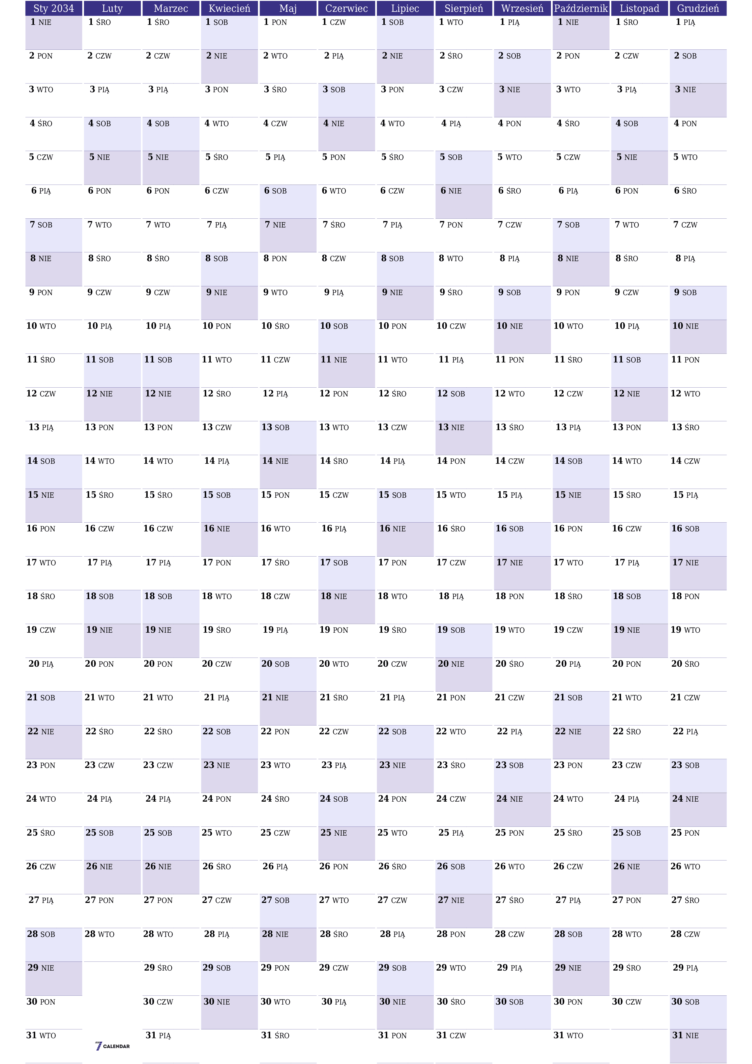 Opróżnij kalendarz rocznego planowania na rok 2034 z notatkami, zapisz i wydrukuj w formacie PDF PNG Polish