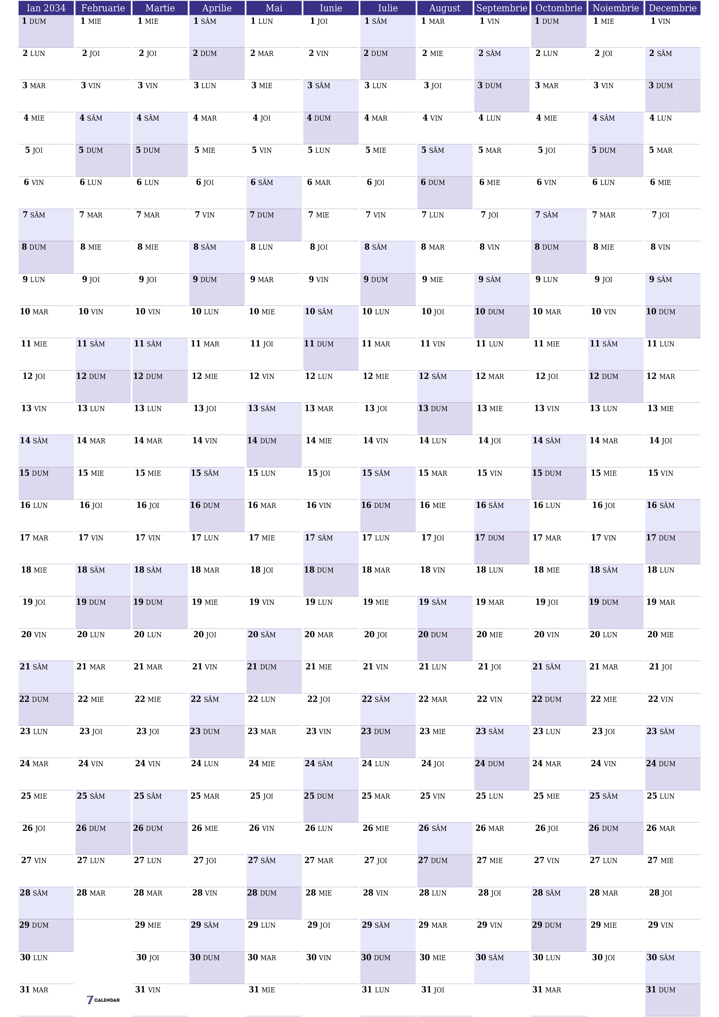 Goliți calendarul anual al planificatorului pentru anul 2034 cu note, salvați și tipăriți în PDF PNG Romanian