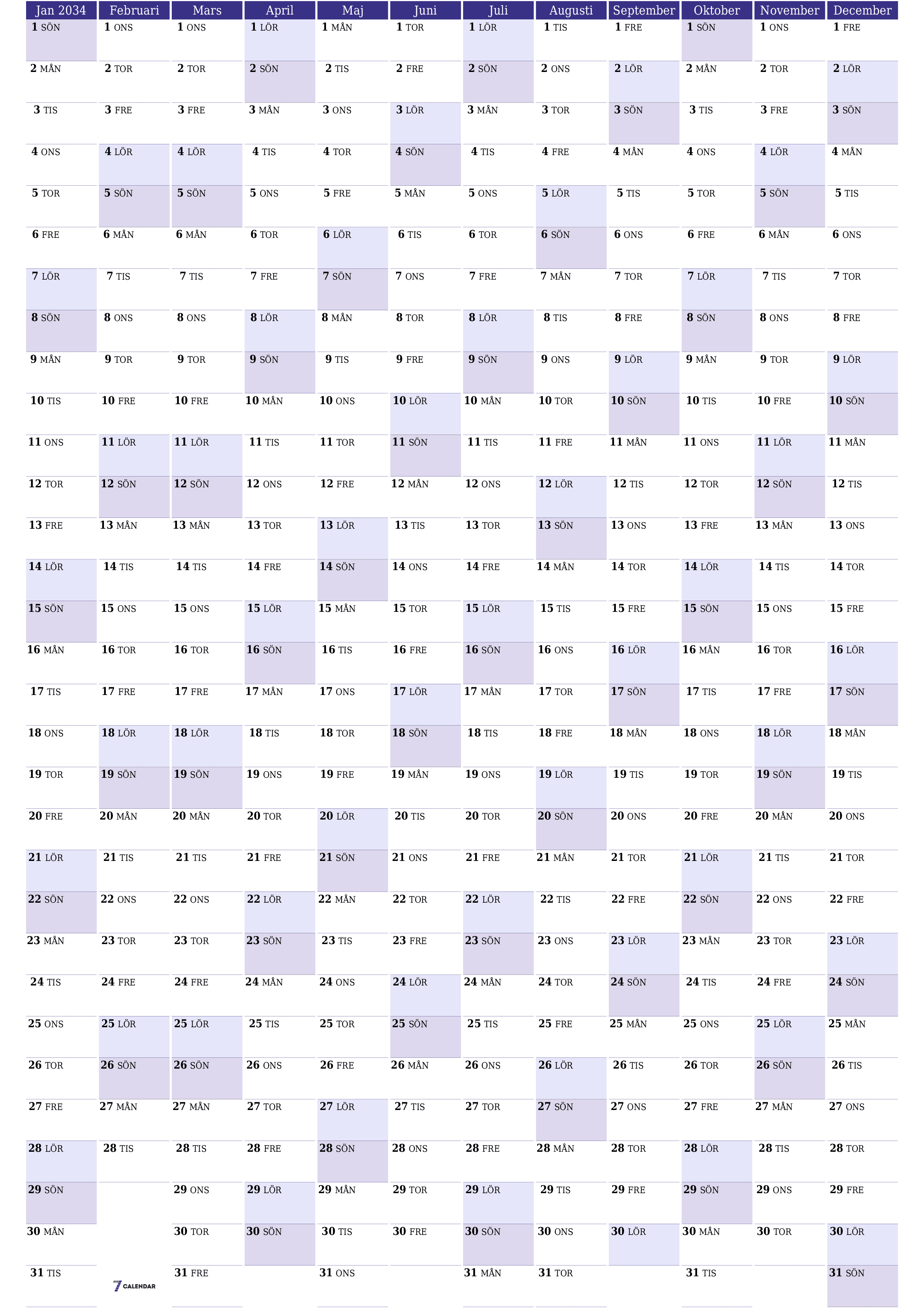 Tom årlig planeringskalender för året 2034 med anteckningar, spara och skriv ut till PDF PNG Swedish