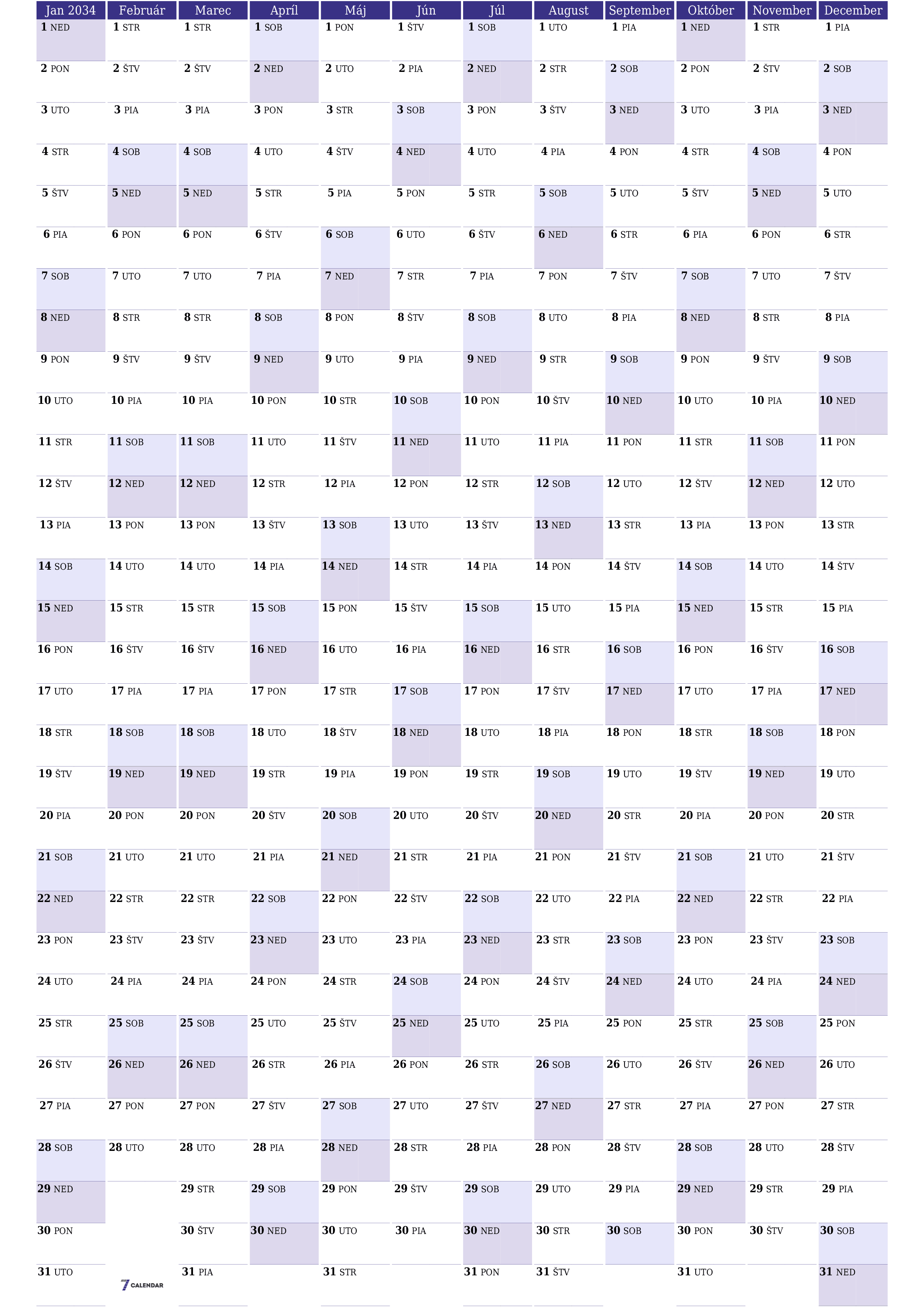 Prázdny ročný kalendár plánovača na rok 2034 s poznámkami, uložením a tlačou do formátu PDF PNG Slovak