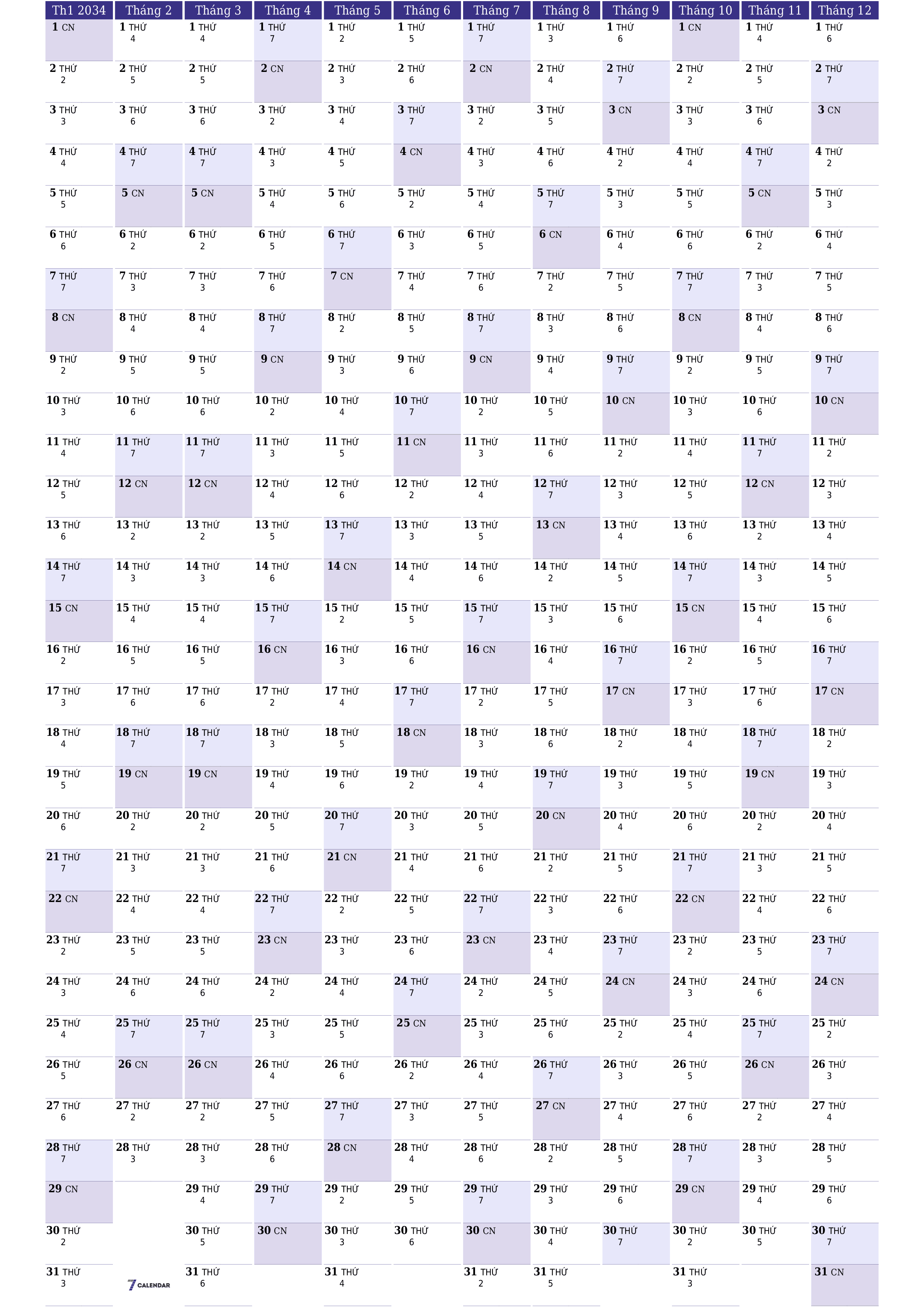 Lịch kế hoạch hàng năm trống cho năm 2034 có ghi chú, lưu và in sang PDF PNG Vietnamese