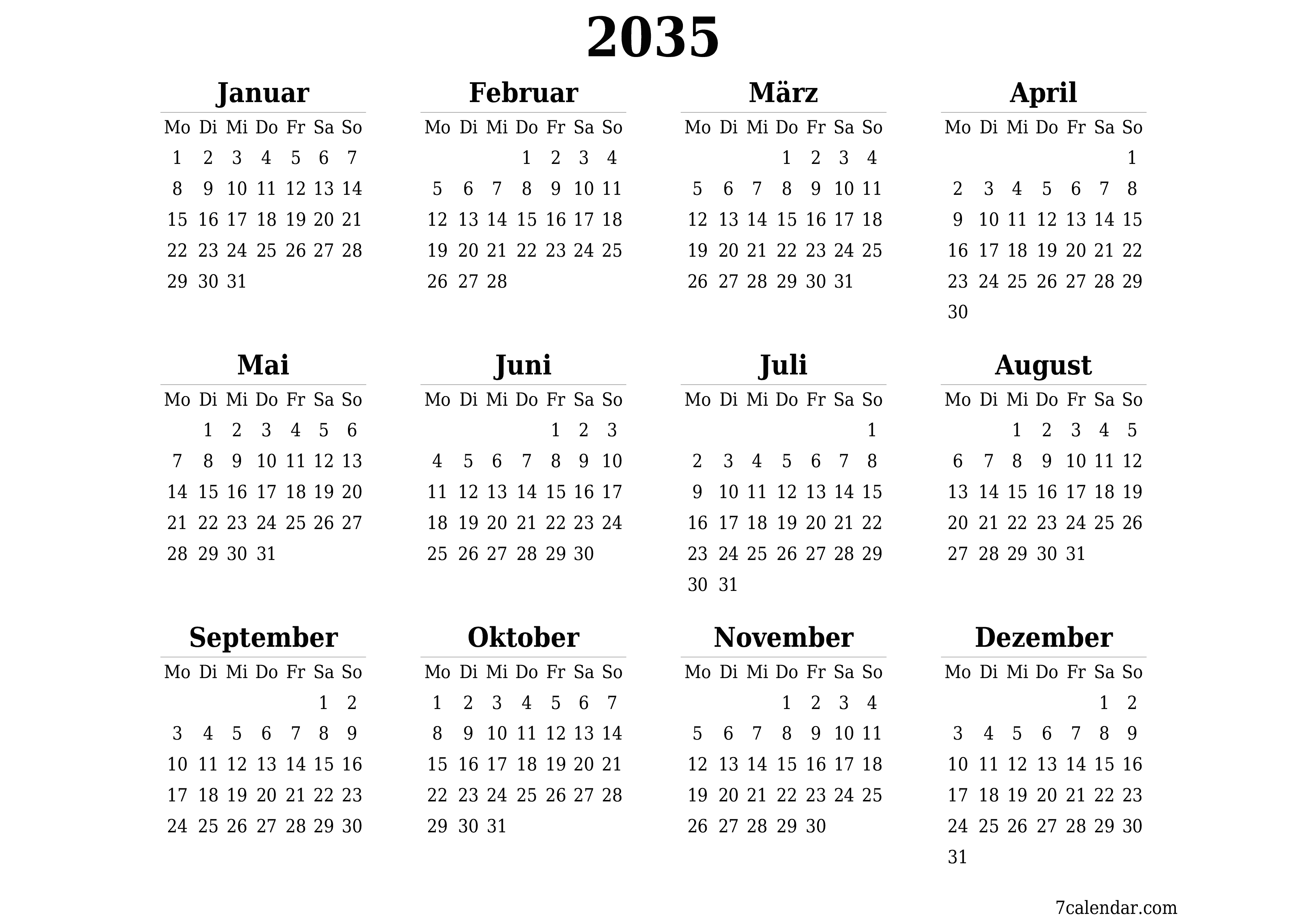 Jahresplanerkalender für das Jahr 2035 mit Notizen leeren, speichern und als PDF PNG German - 7calendar.com drucken