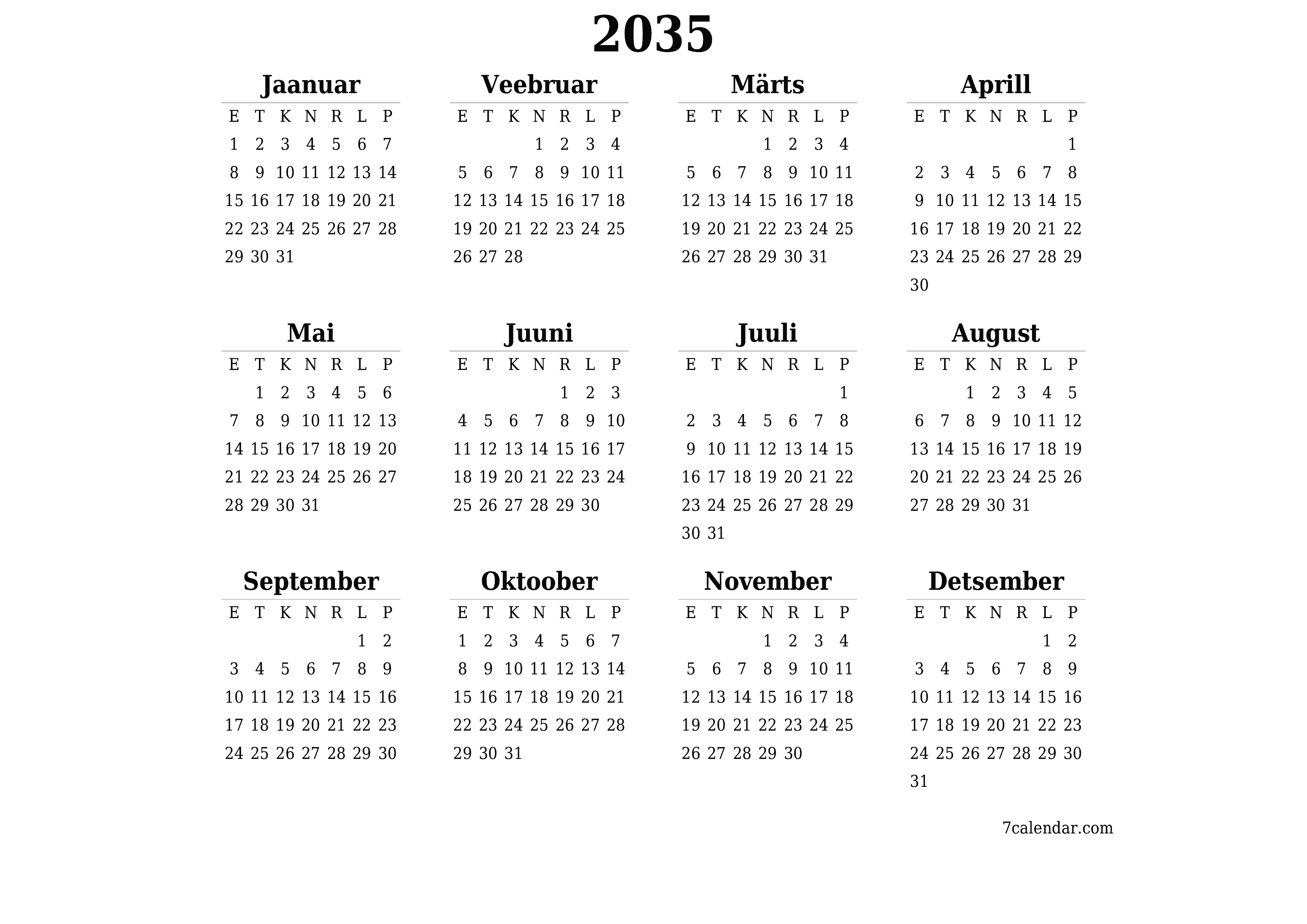 Tühi aasta planeerija kalender aastaks 2035 koos märkmetega, salvestage ja printige PDF-i PNG Estonian