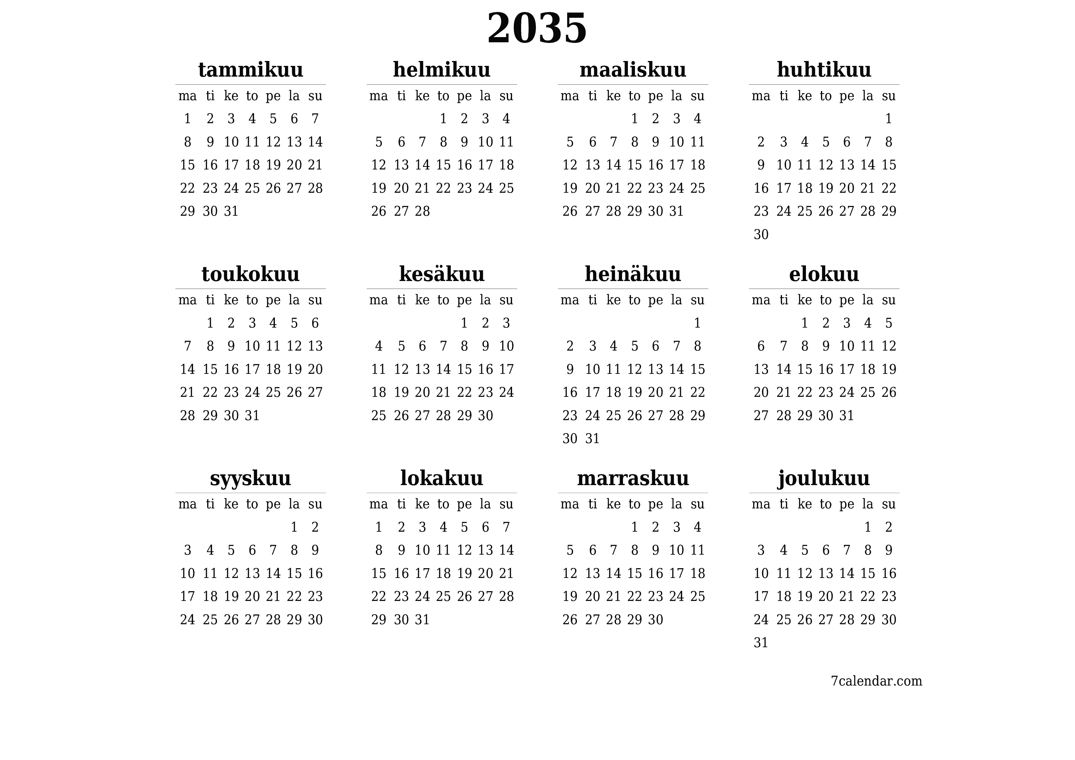 Tyhjä vuosisuunnittelukalenteri vuodelle 2035 muistiinpanoilla, tallenna ja tulosta PDF-muotoon PNG Finnish