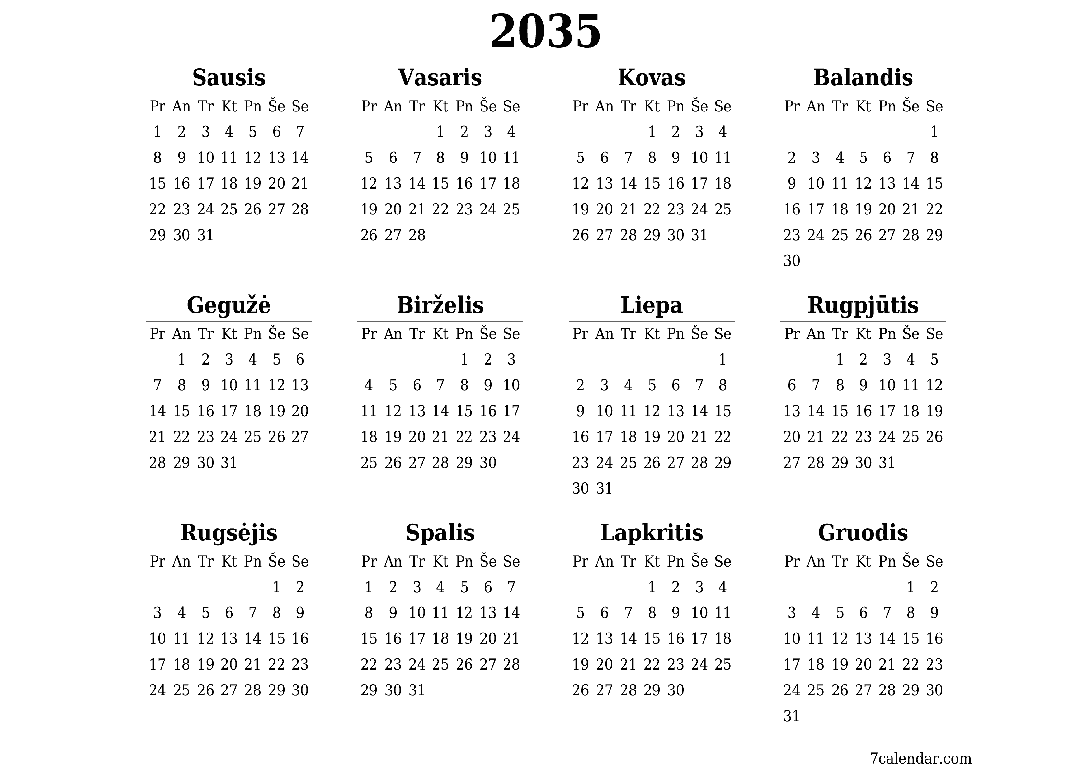 Tuščias metų planavimo kalendorius 2035 su užrašais, išsaugokite ir atsispausdinkite PDF formatu PNG Lithuanian