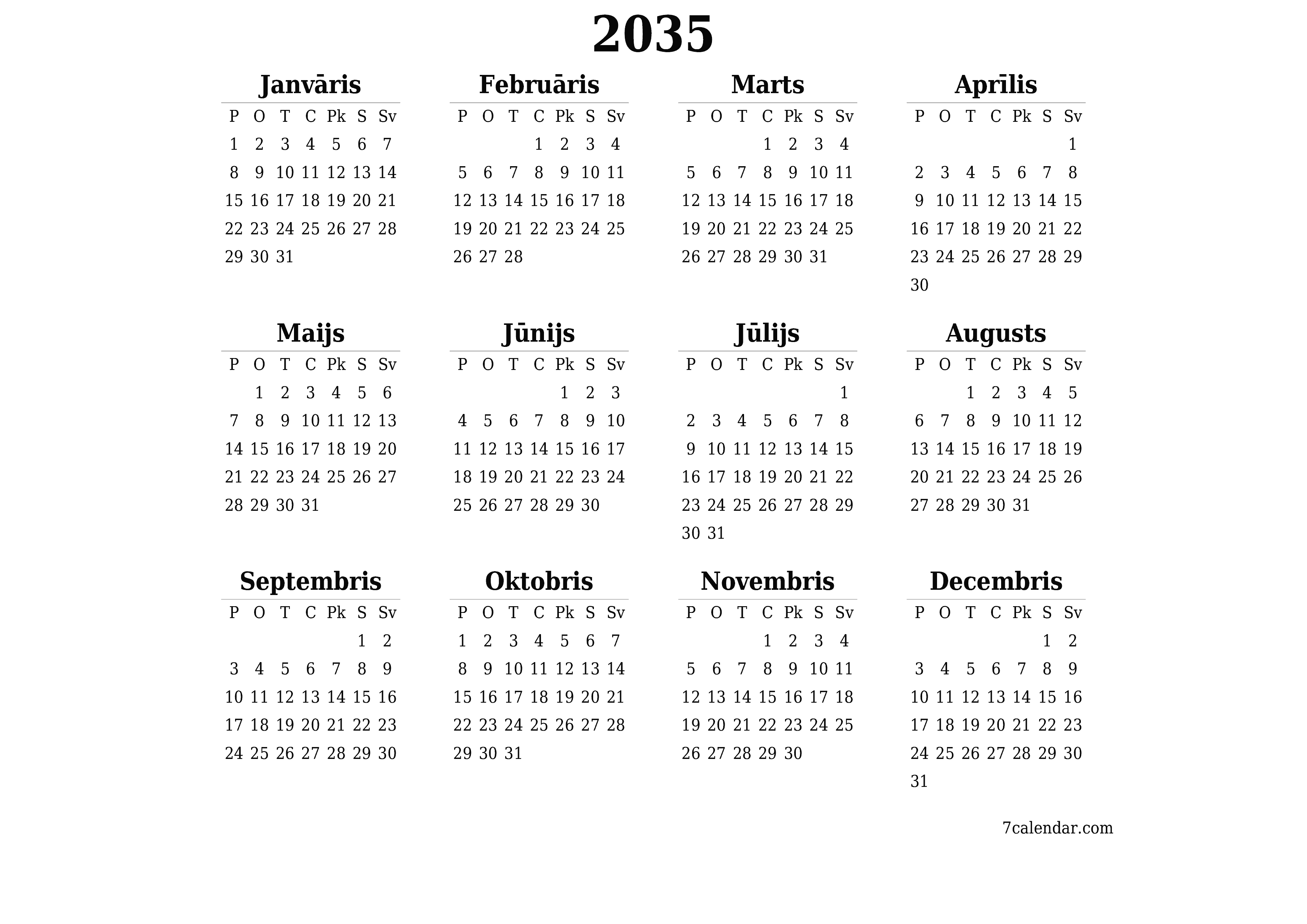 Tukšs gada plānotāja kalendārs gadam 2035 ar piezīmēm, saglabāšana un izdrukāšana PDF formātā PNG Latvian