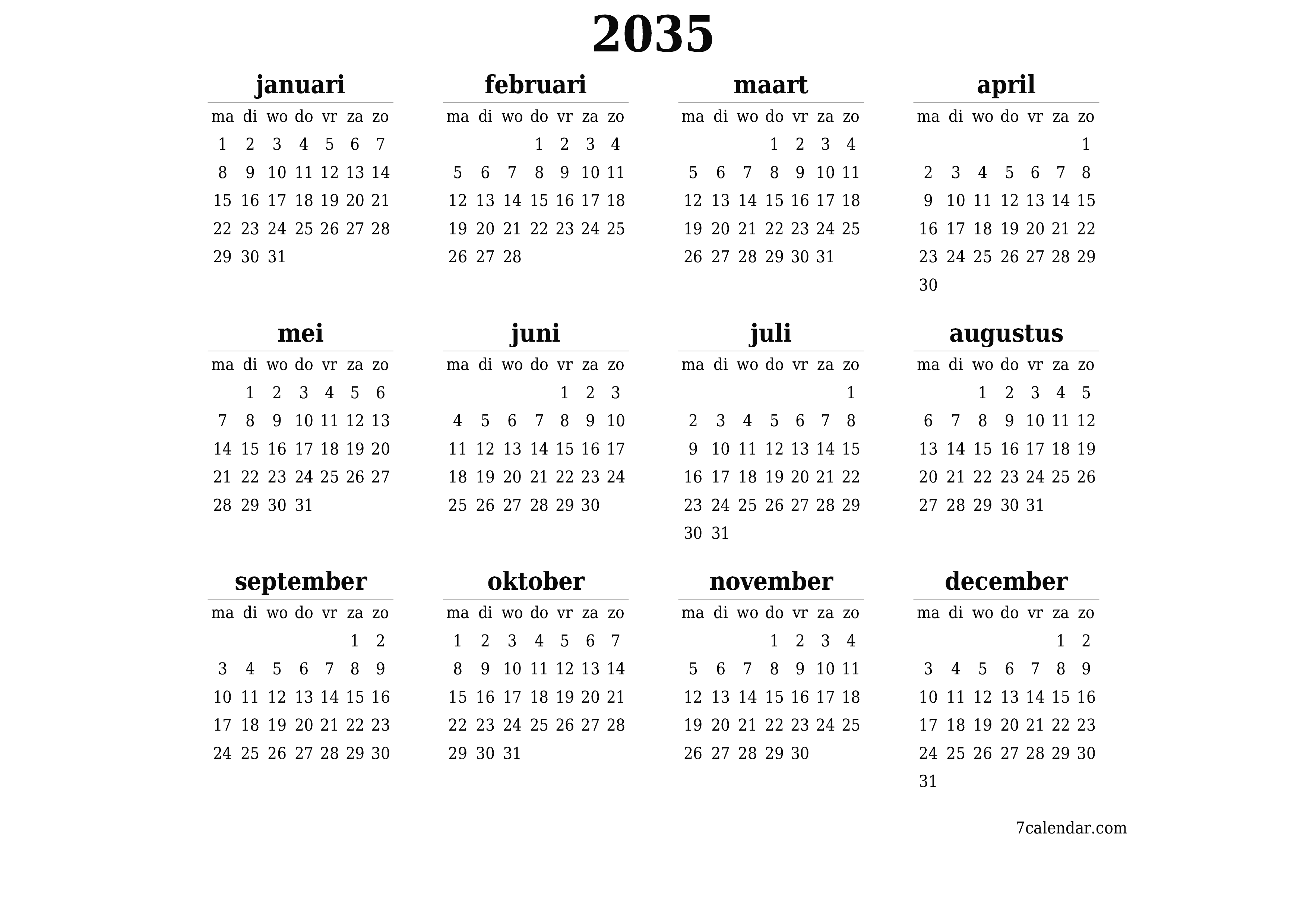 Lege jaarplanningskalender voor het jaar 2035 met notities, opslaan en afdrukken naar pdf PNG Dutch