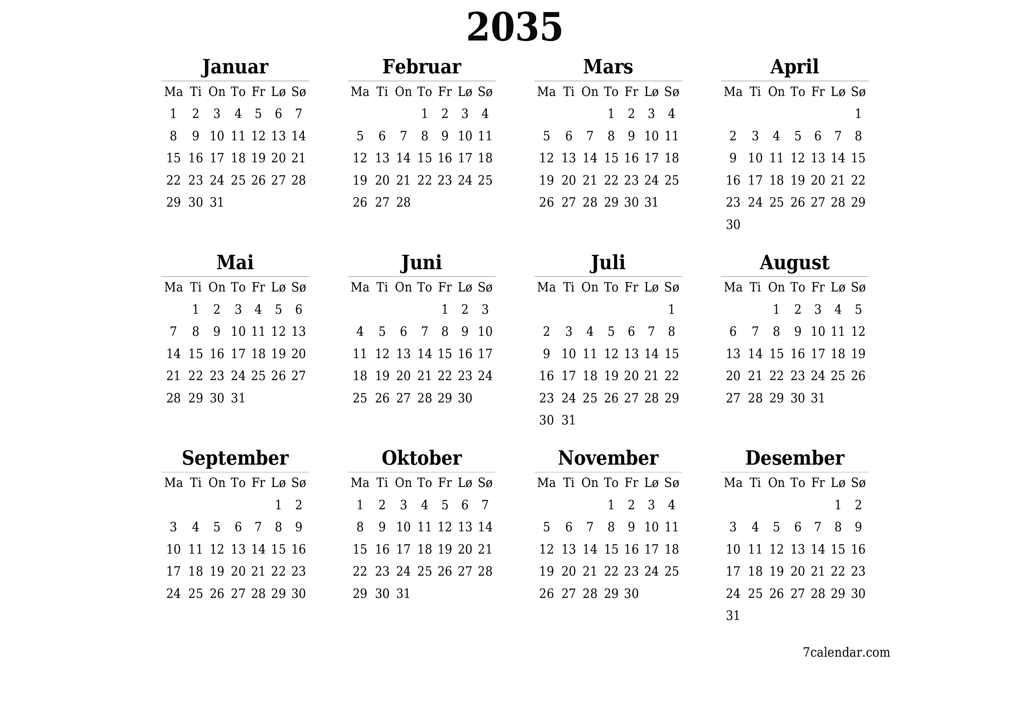 Tom årlig planleggerkalender for året 2035 med notater, lagre og skrive ut i PDF PNG Norwegian