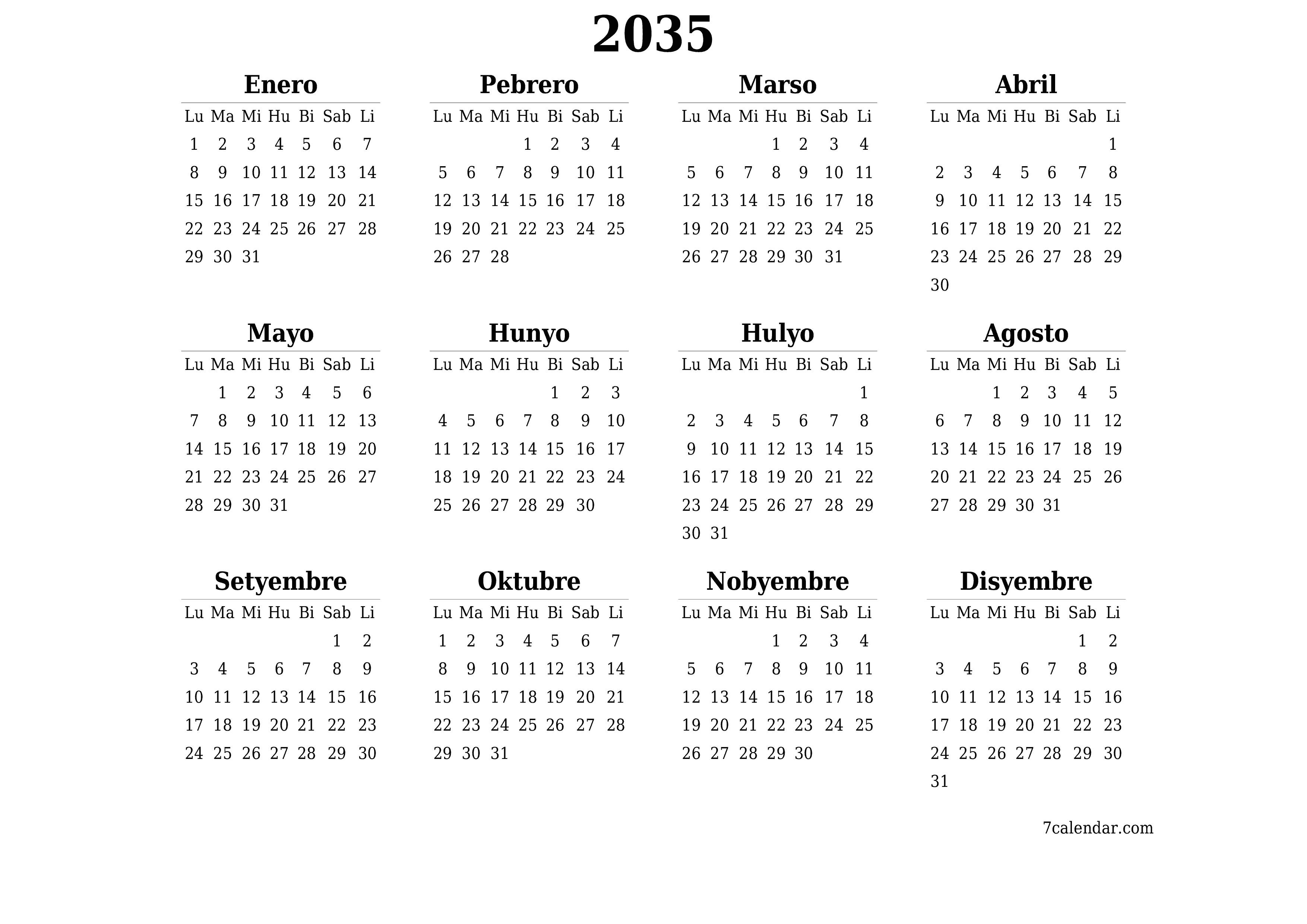Walang laman ang taunang kalendaryo ng tagaplano para sa taong 2035 na may mga tala, i-save at i-print sa PDF PNG Filipino