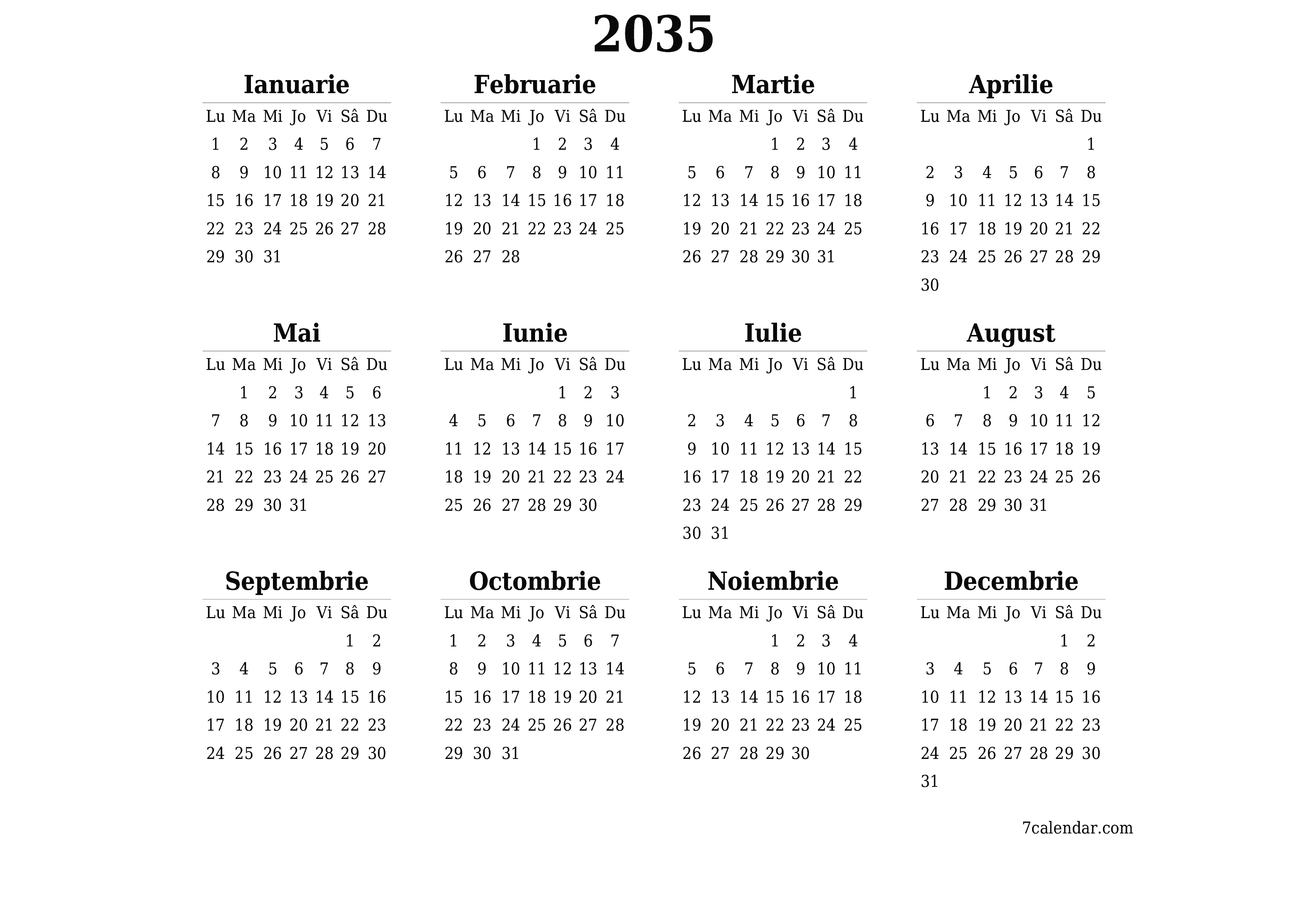 Goliți calendarul anual al planificatorului pentru anul 2035 cu note, salvați și tipăriți în PDF PNG Romanian