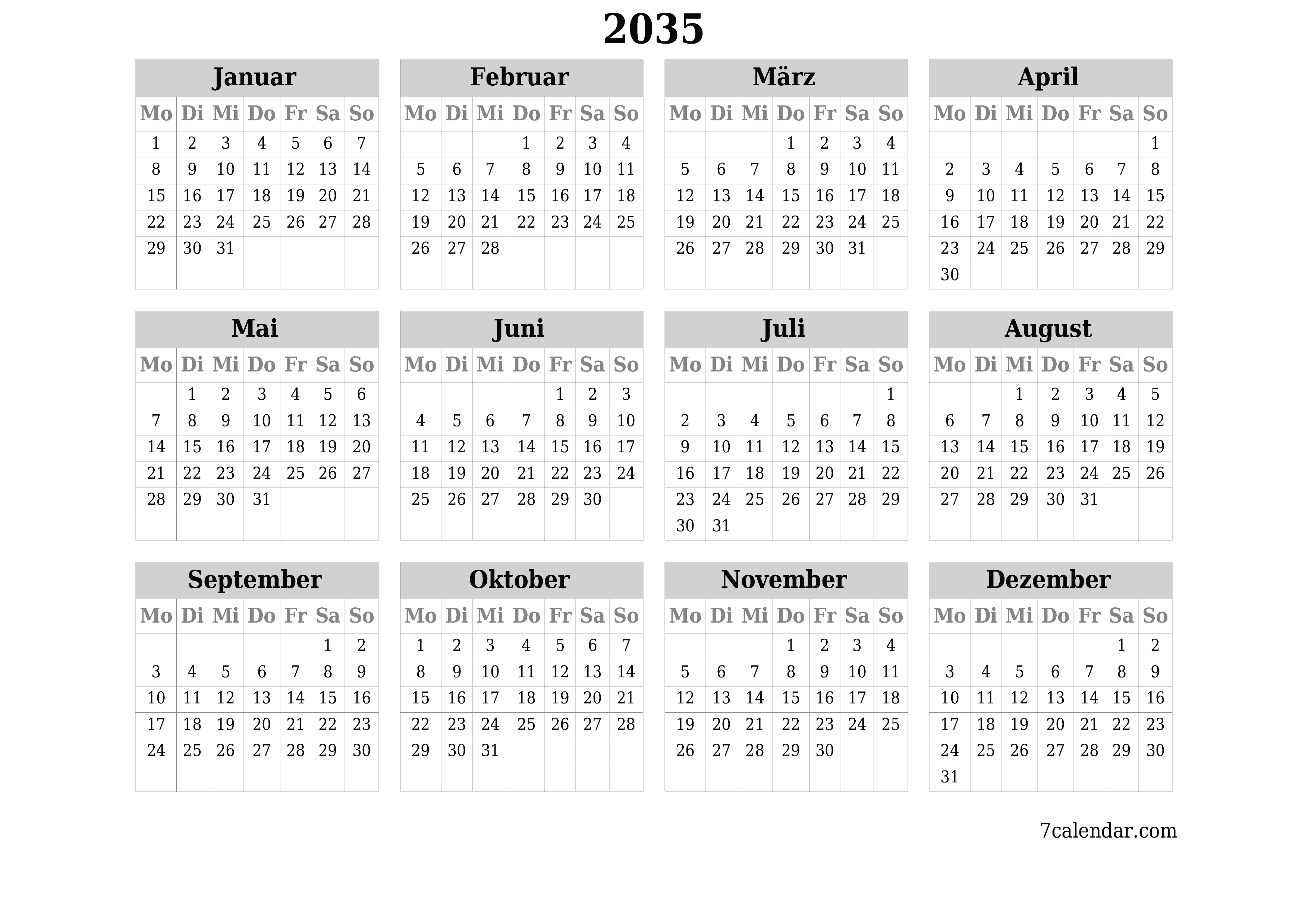 Jahresplanerkalender für das Jahr 2035 mit Notizen leeren, speichern und als PDF PNG German - 7calendar.com drucken