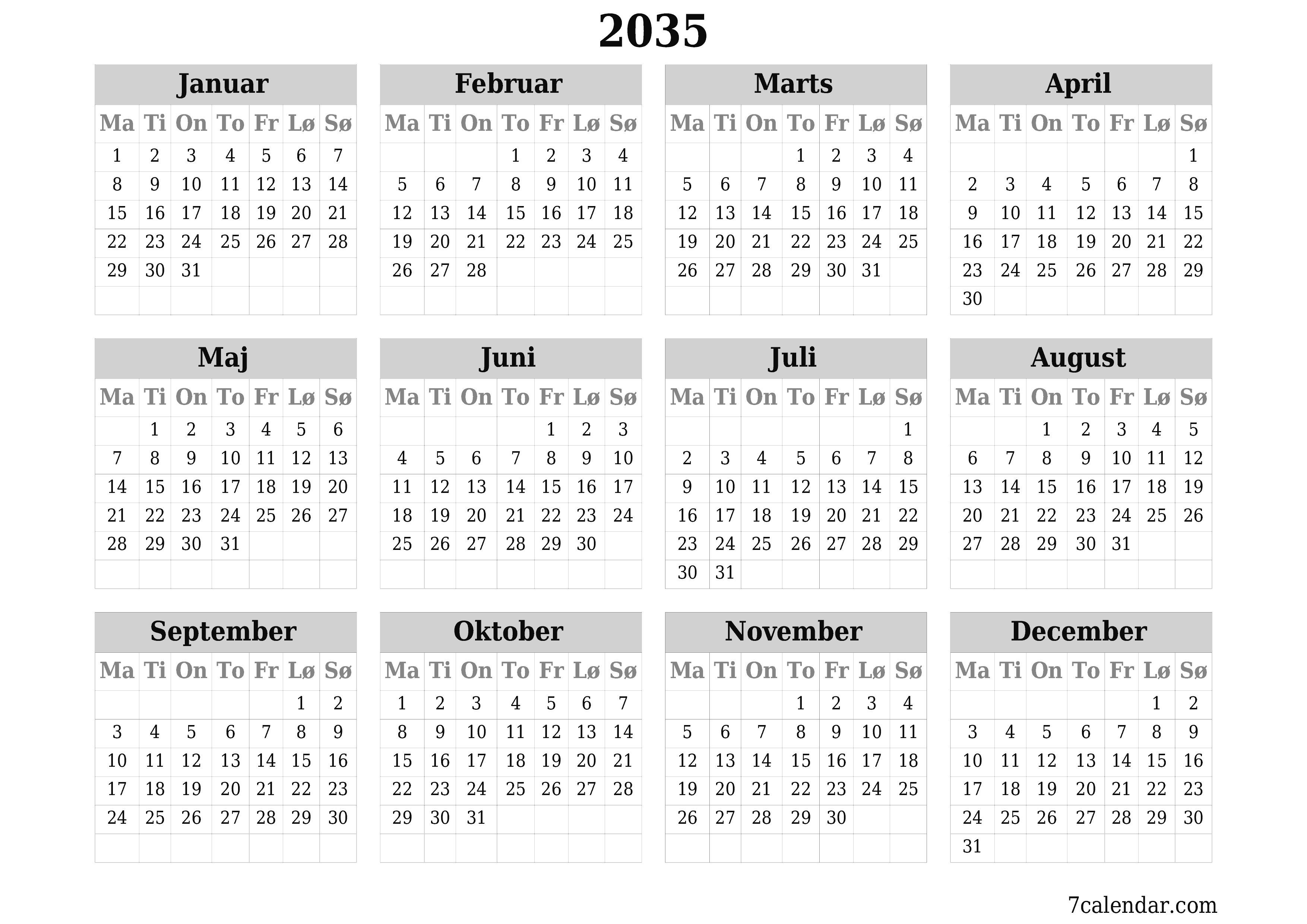 Tom årlig planlægningskalender for året 2035 med noter, gem og udskriv til PDF PNG Danish