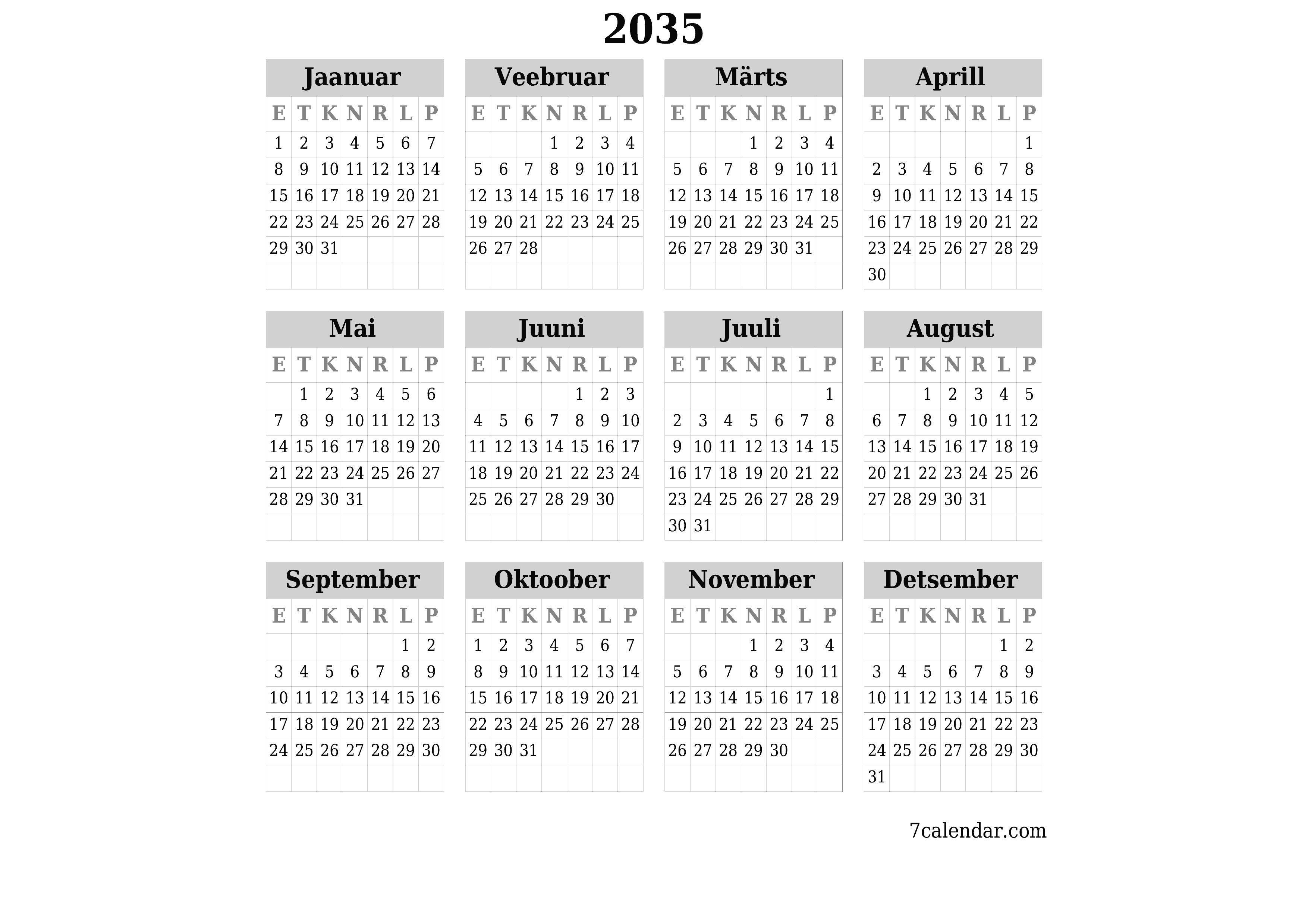 Tühi aasta planeerija kalender aastaks 2035 koos märkmetega, salvestage ja printige PDF-i PNG Estonian