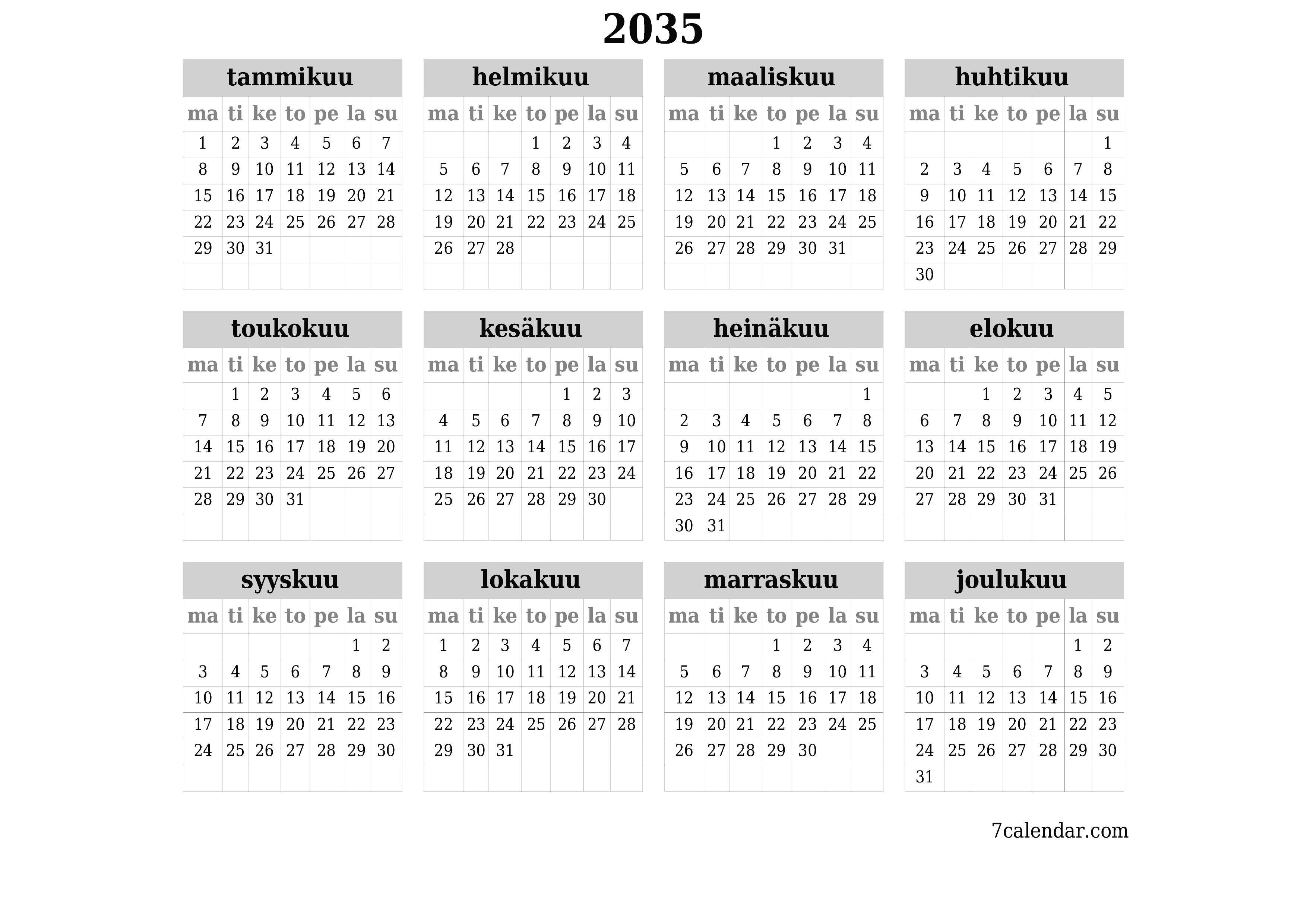 Tyhjä vuosisuunnittelukalenteri vuodelle 2035 muistiinpanoilla, tallenna ja tulosta PDF-muotoon PNG Finnish