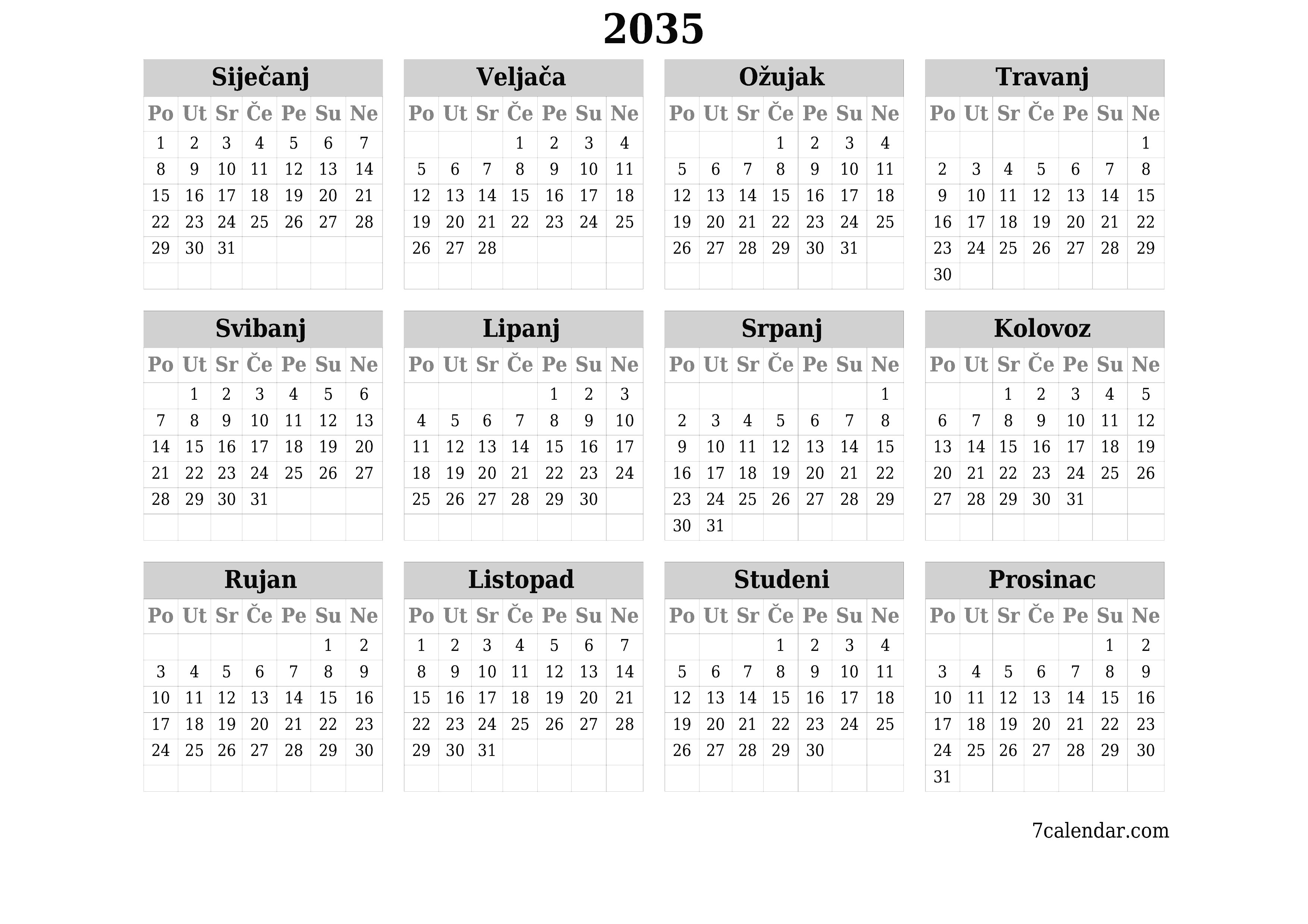 Ispraznite godišnji kalendar planera za godinu 2035 s bilješkama, spremite i ispišite u PDF PNG Croatian