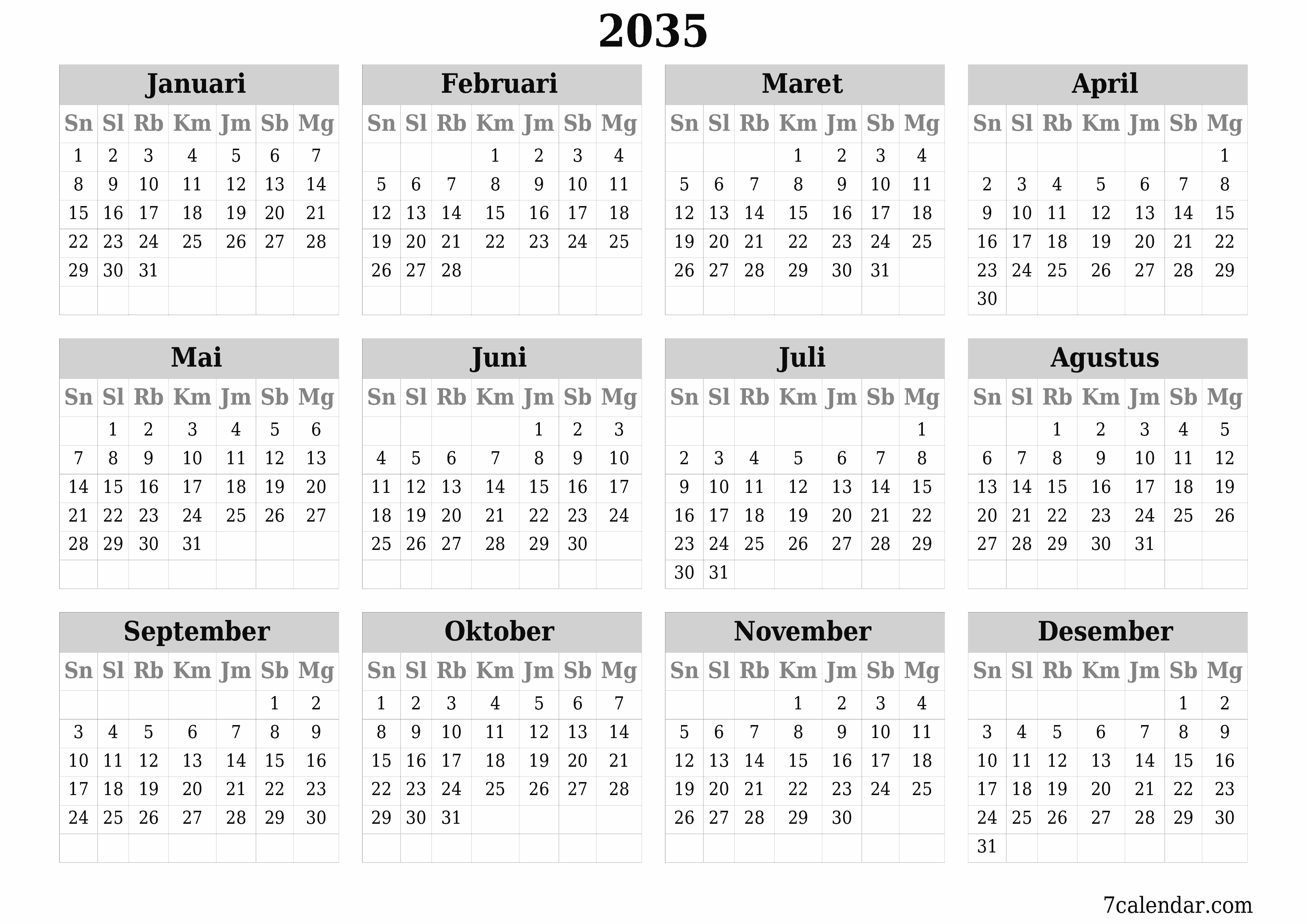 Kosongkan kalender perencana tahunan untuk tahun ini 2035 dengan catatan, simpan dan cetak ke PDF PNG Indonesian