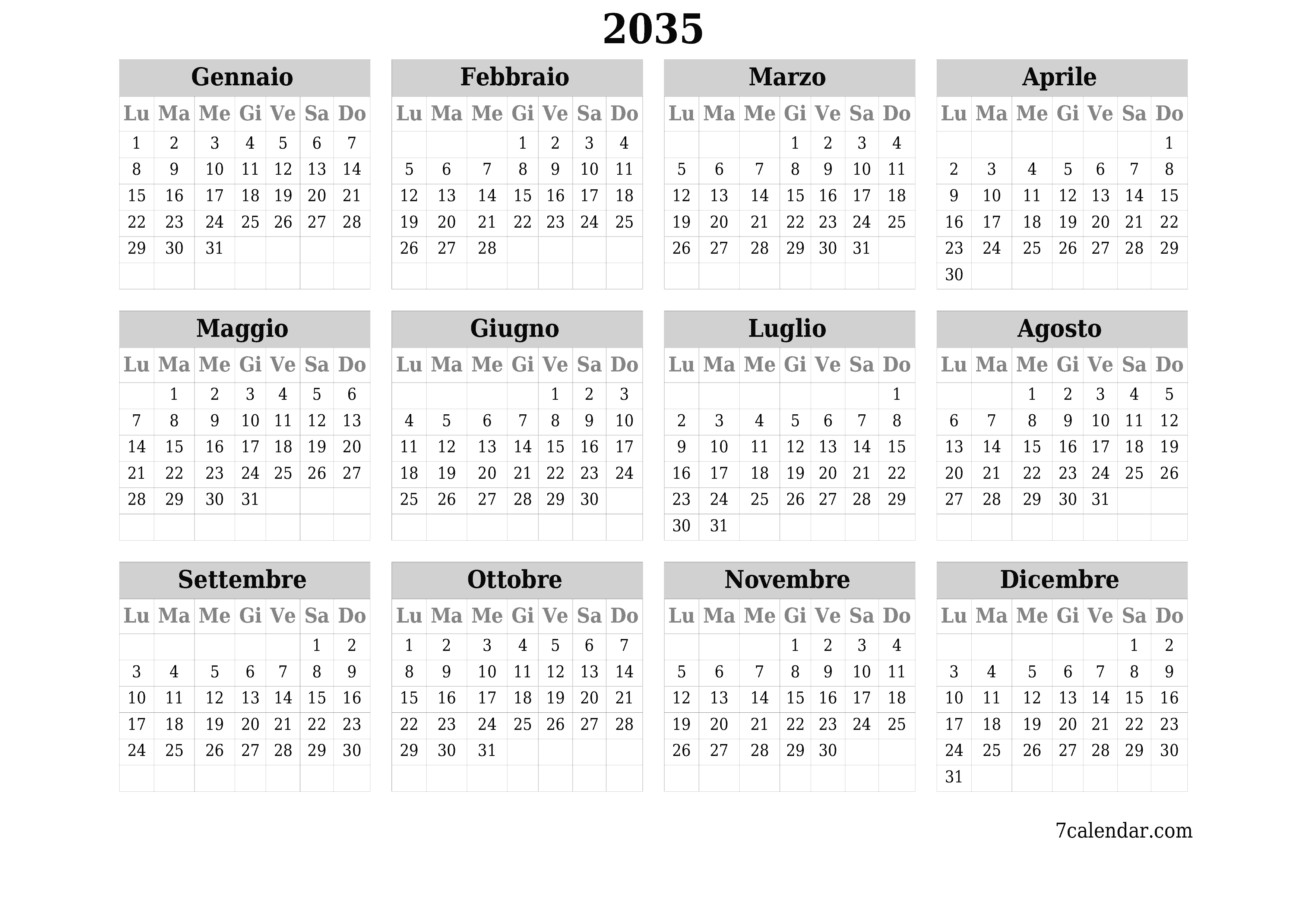 Calendario pianificatore annuale vuoto per l'anno 2035 con note, salva e stampa in PDF PNG Italian