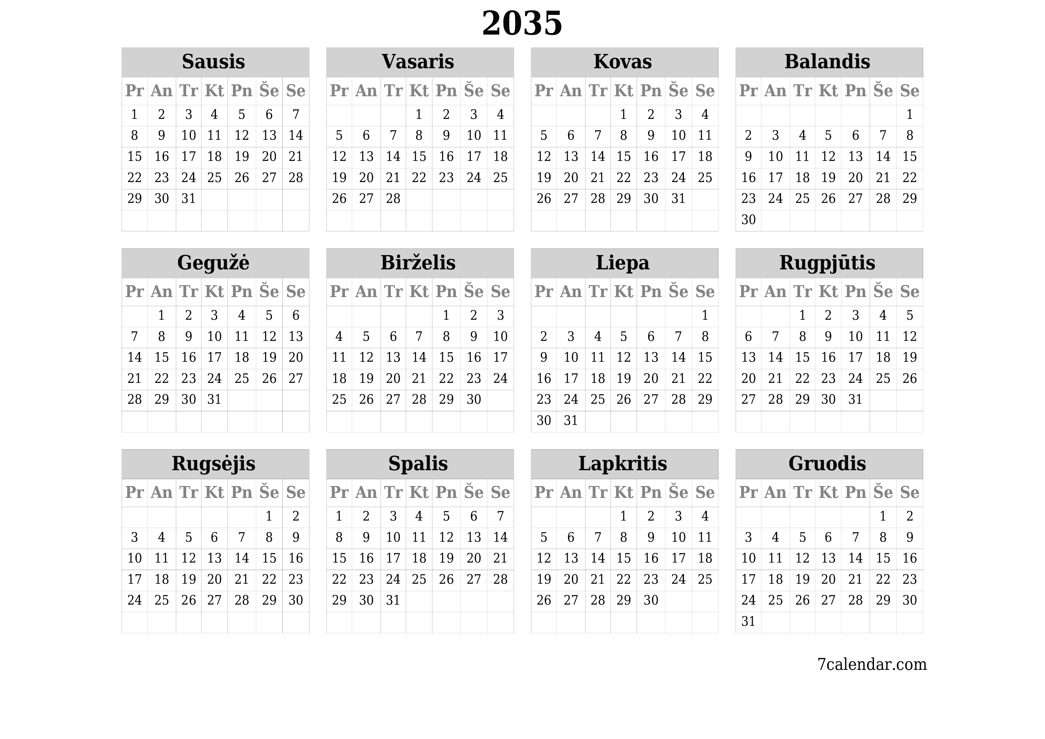 Tuščias metų planavimo kalendorius 2035 su užrašais, išsaugokite ir atsispausdinkite PDF formatu PNG Lithuanian