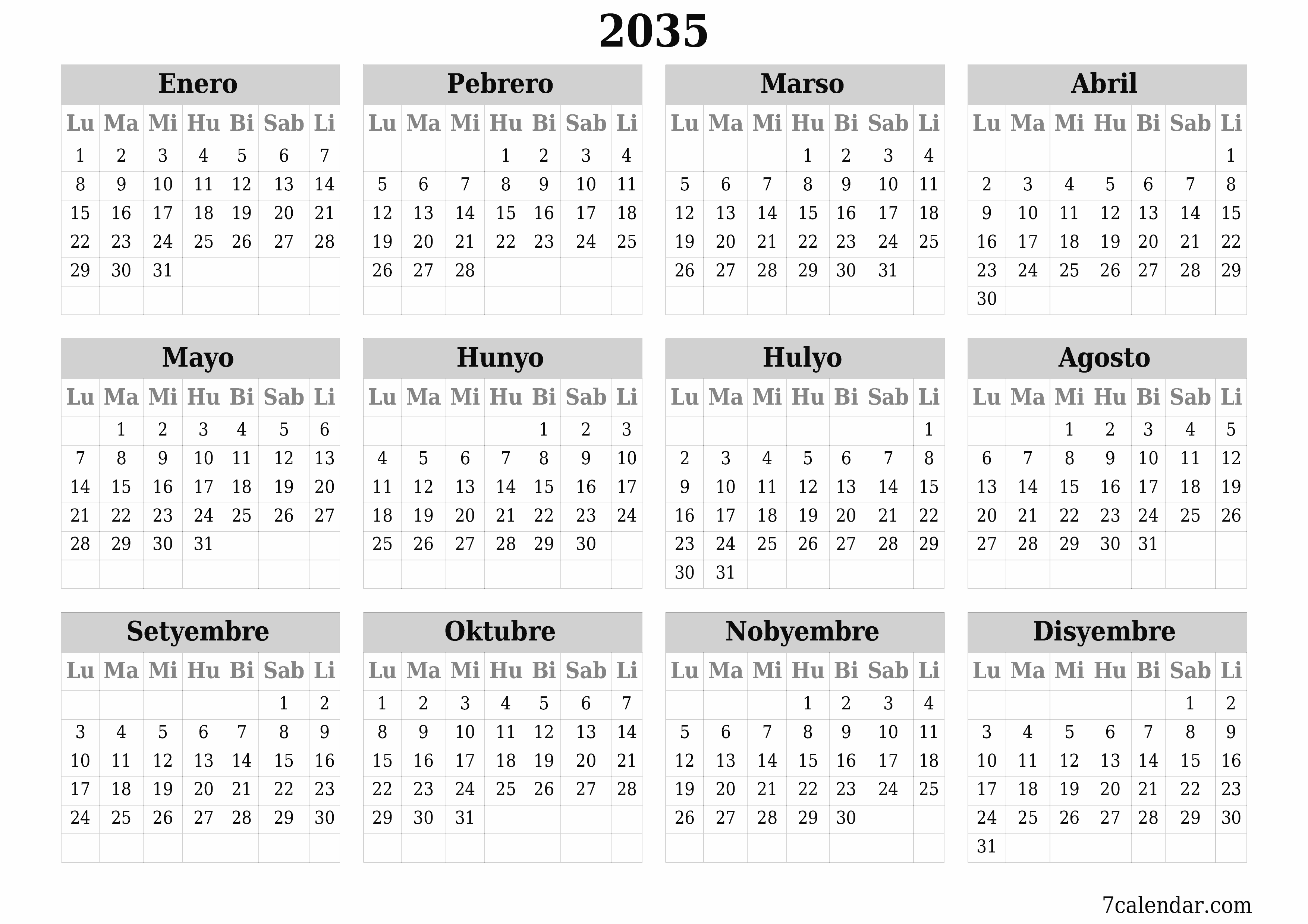 Walang laman ang taunang kalendaryo ng tagaplano para sa taong 2035 na may mga tala, i-save at i-print sa PDF PNG Filipino