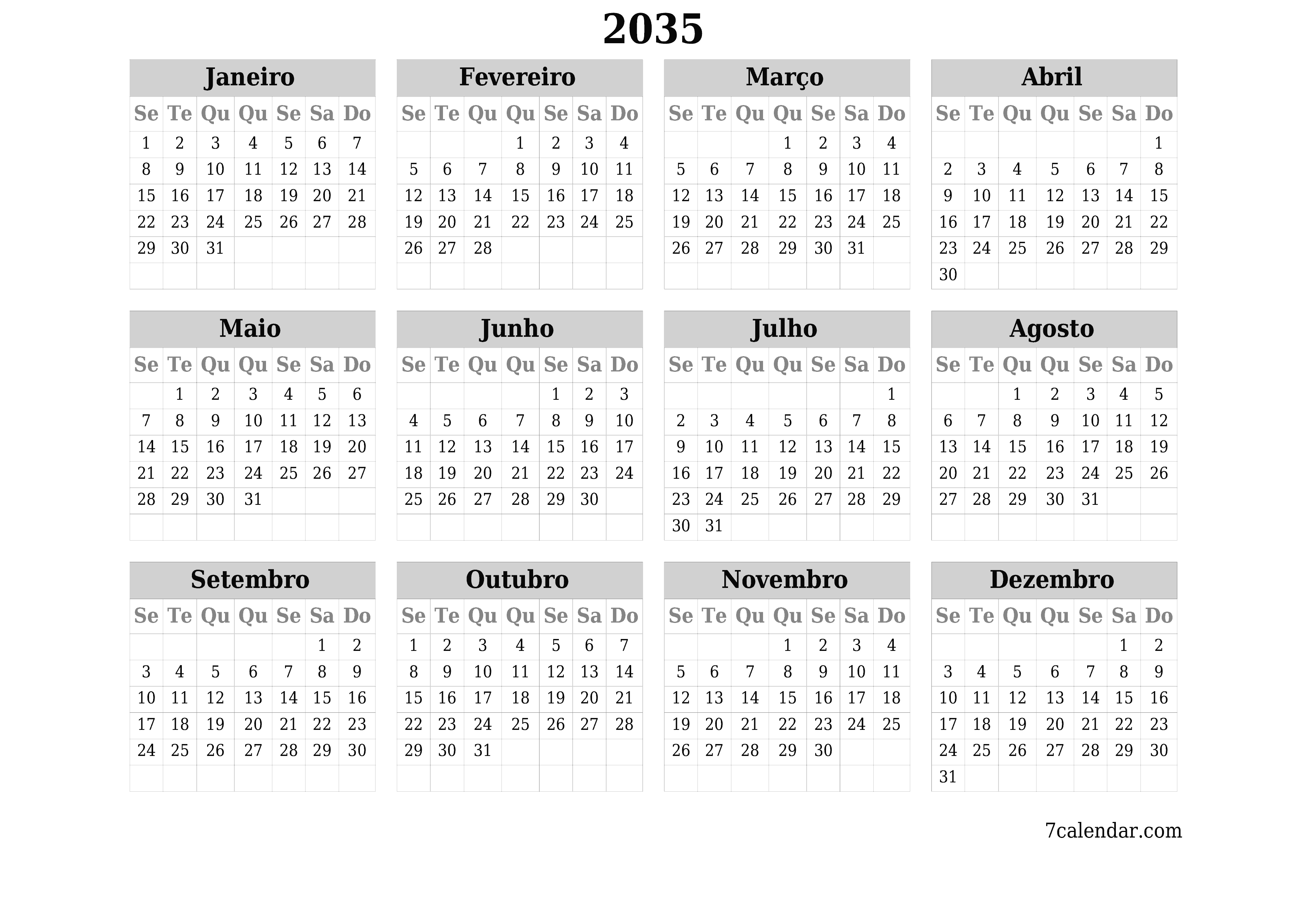 Calendário de planejador anual vazio para o ano 2035 com notas, salve e imprima em PDF PNG Portuguese