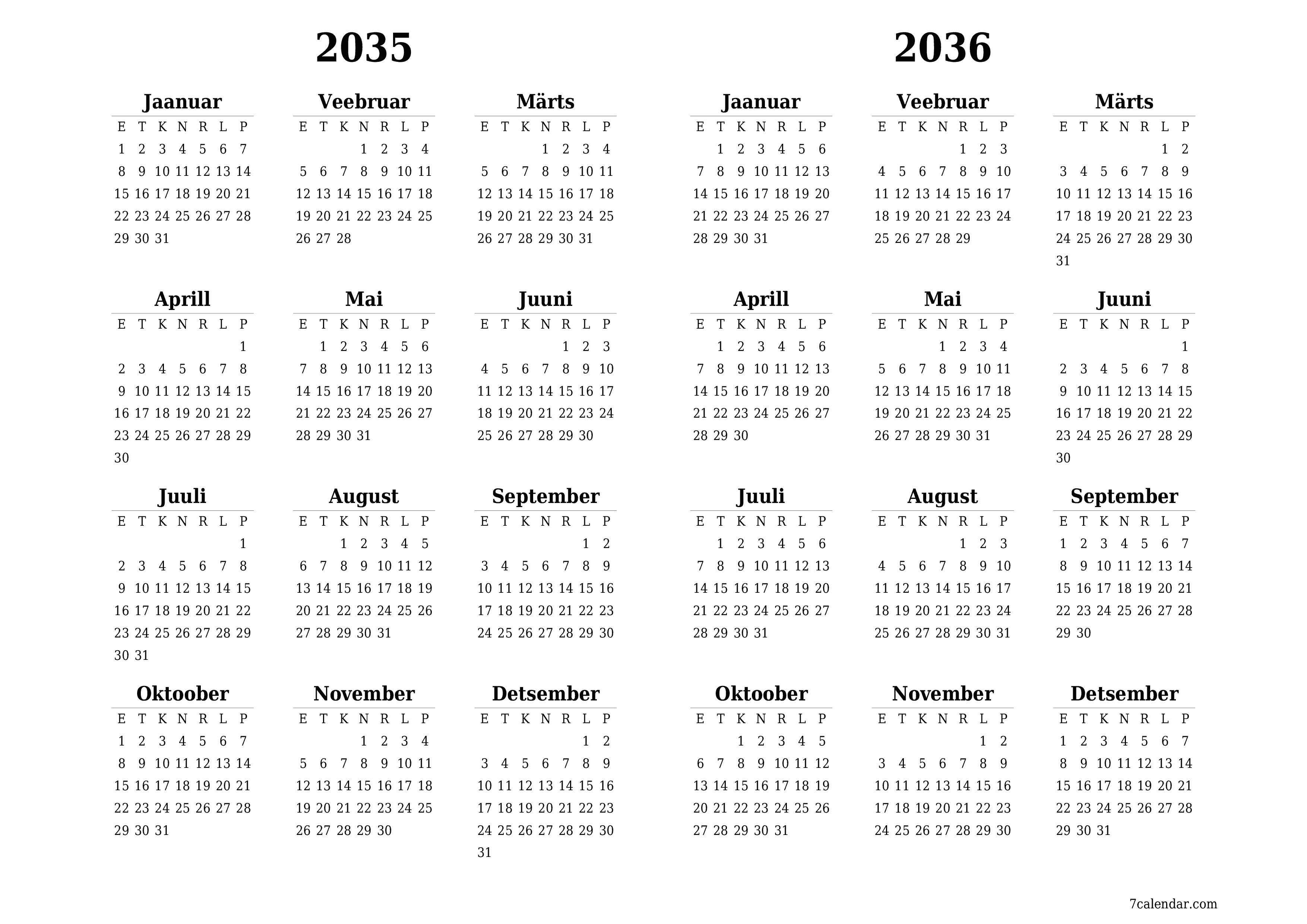 Tühi aasta planeerija kalender aastaks 2035, 2036 koos märkmetega, salvestage ja printige PDF-i PNG Estonian