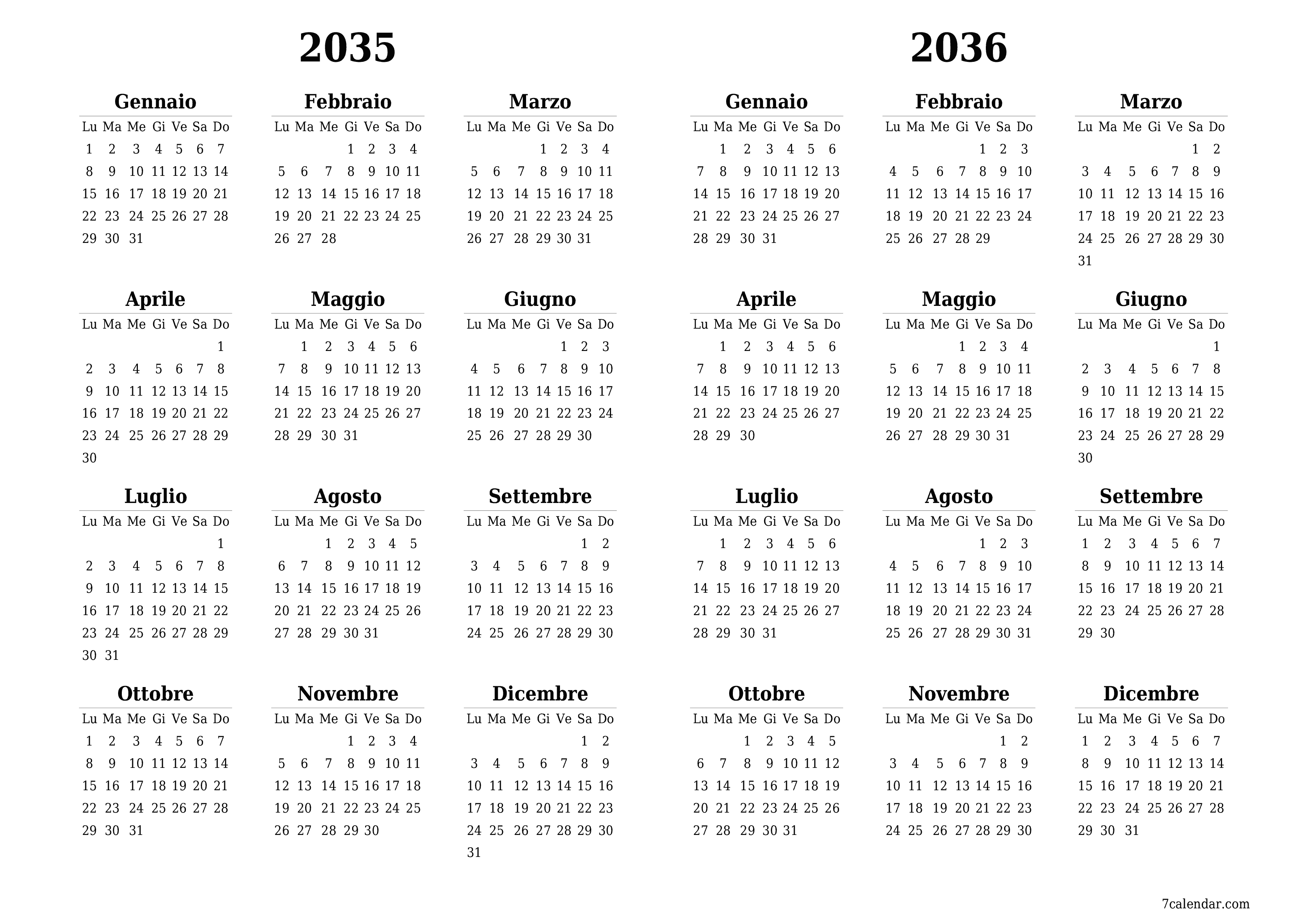 Calendario pianificatore annuale vuoto per l'anno 2035, 2036 con note, salva e stampa in PDF PNG Italian