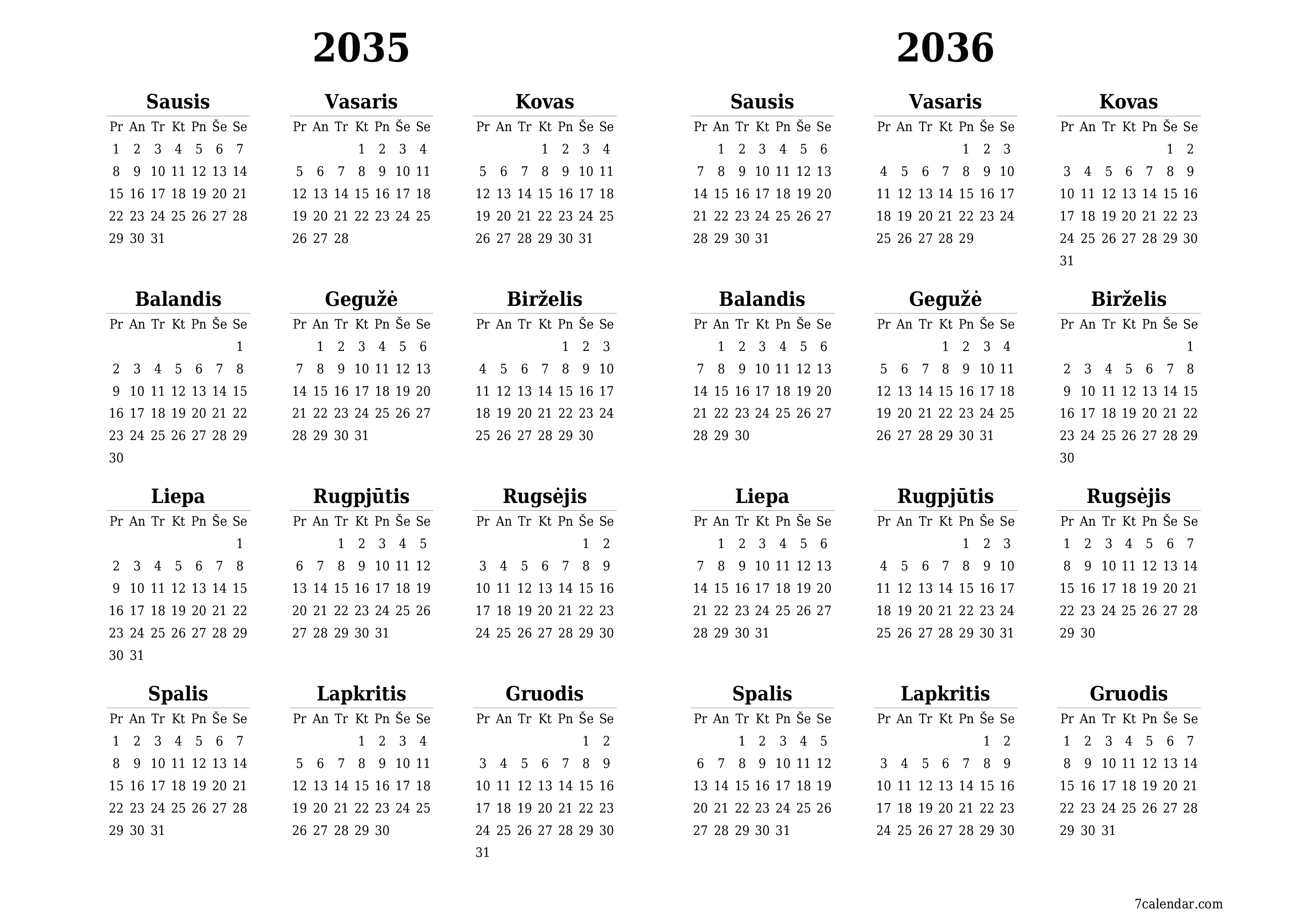 Tuščias metų planavimo kalendorius 2035, 2036 su užrašais, išsaugokite ir atsispausdinkite PDF formatu PNG Lithuanian