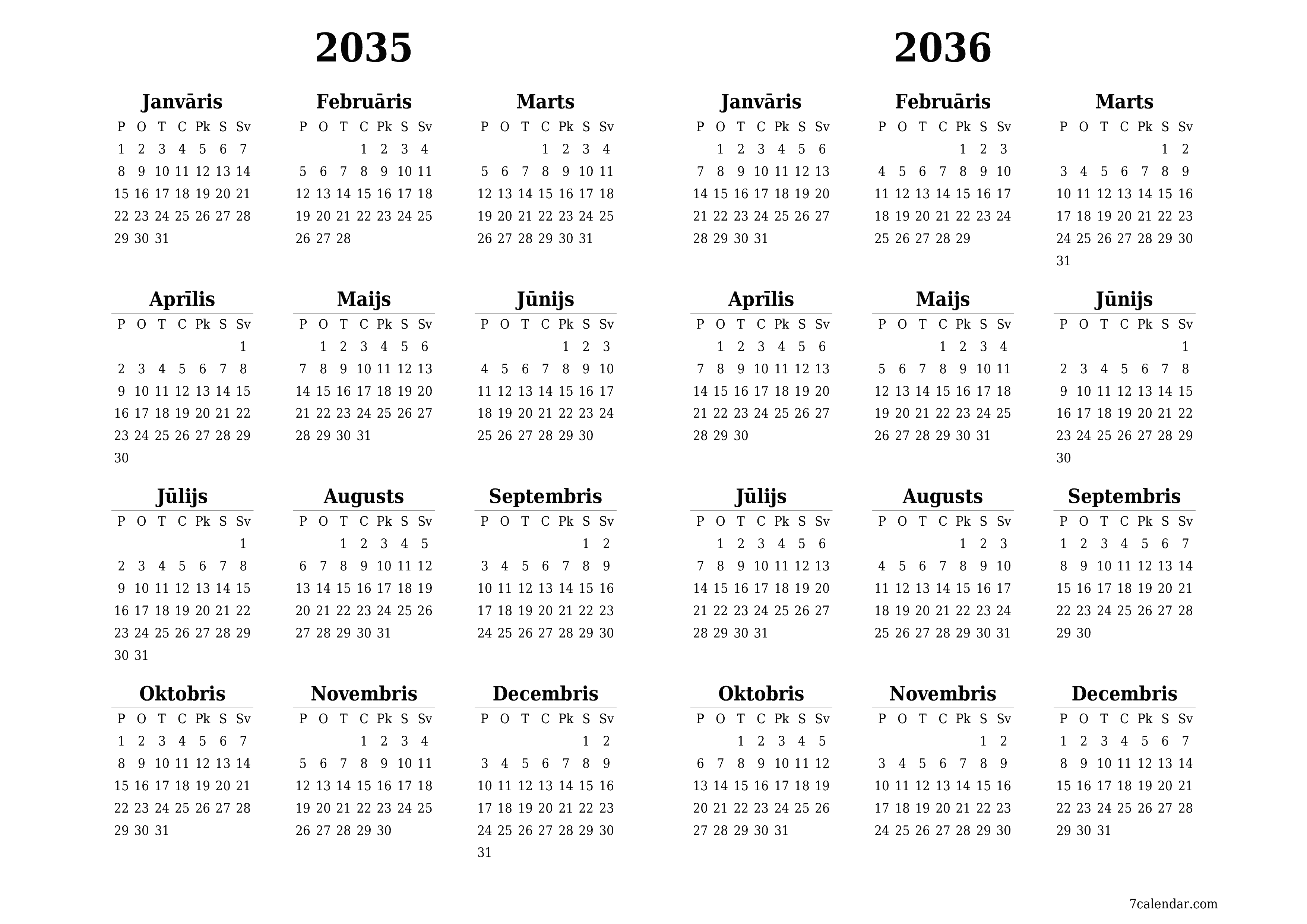 Tukšs gada plānotāja kalendārs gadam 2035, 2036 ar piezīmēm, saglabāšana un izdrukāšana PDF formātā PNG Latvian