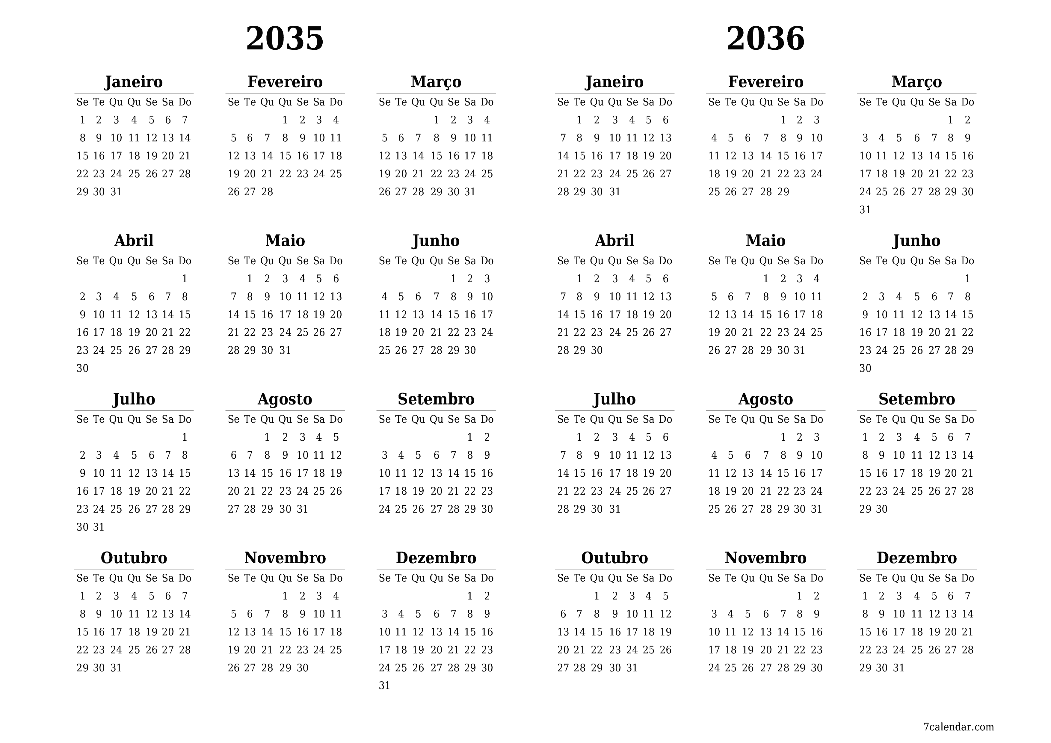 Calendário de planejador anual vazio para o ano 2035, 2036 com notas, salve e imprima em PDF PNG Portuguese