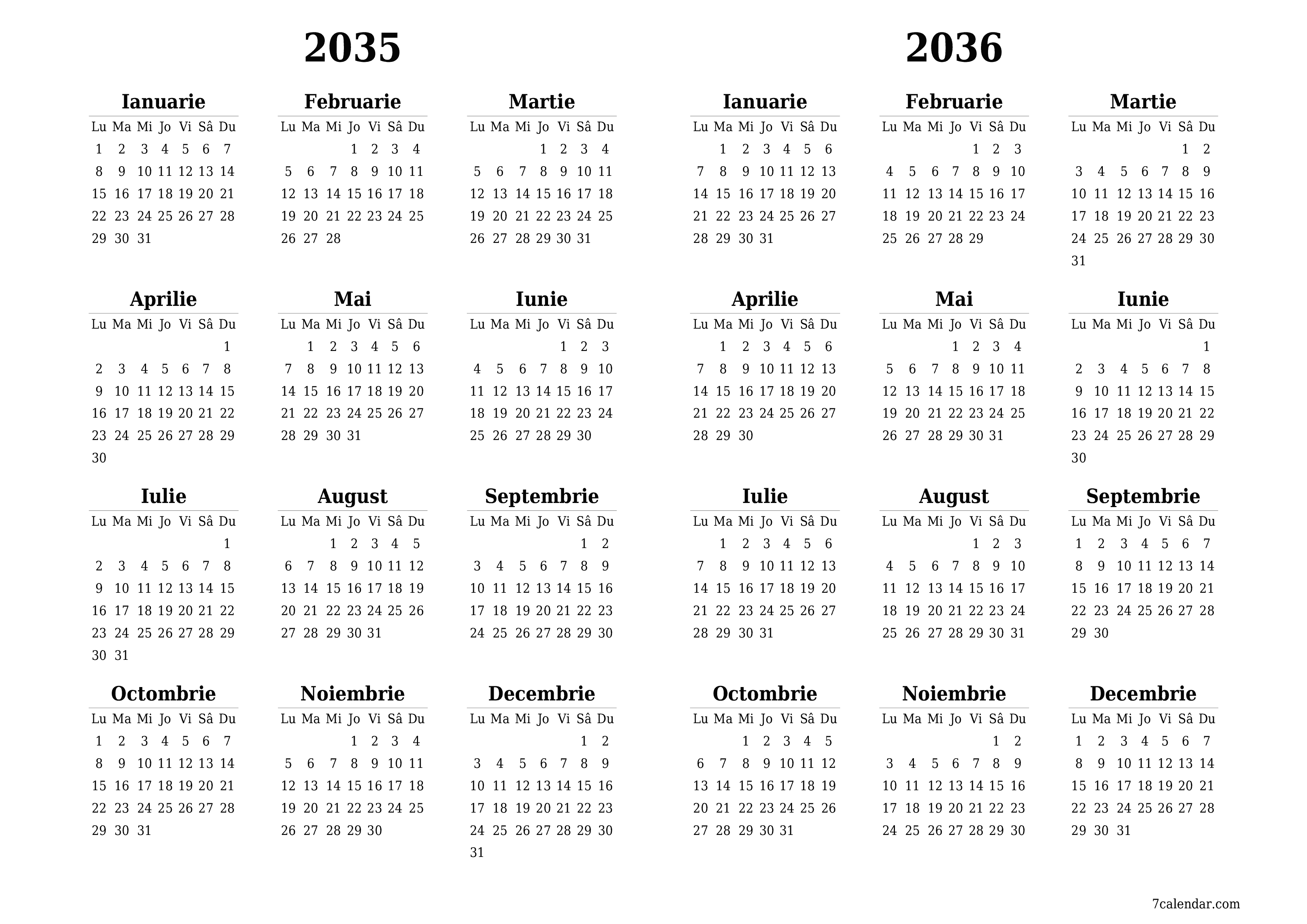 Goliți calendarul anual al planificatorului pentru anul 2035, 2036 cu note, salvați și tipăriți în PDF PNG Romanian