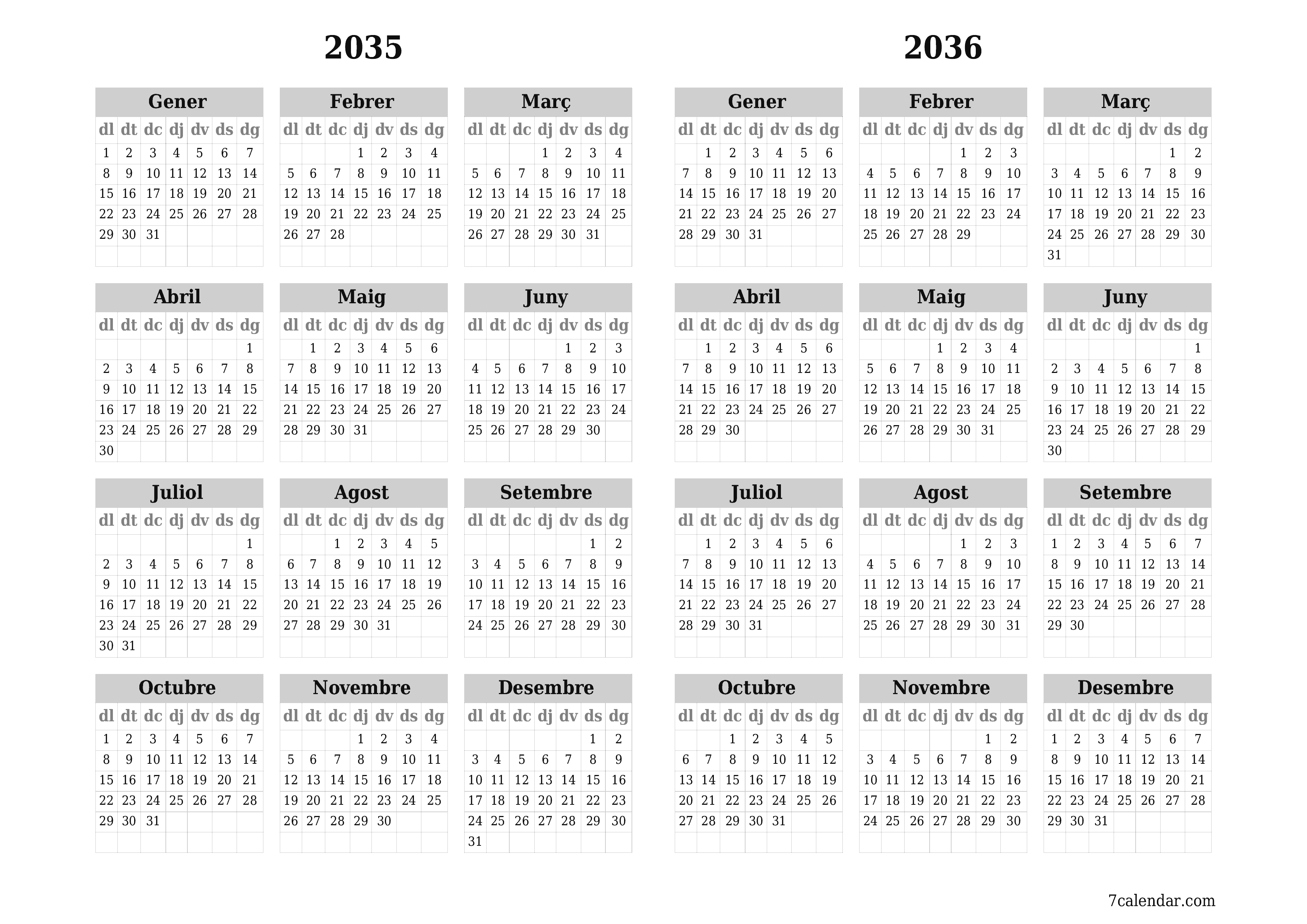 Planificador anual buit 2035, 2036 amb notes desades i imprimides en PDF PNG Catalan