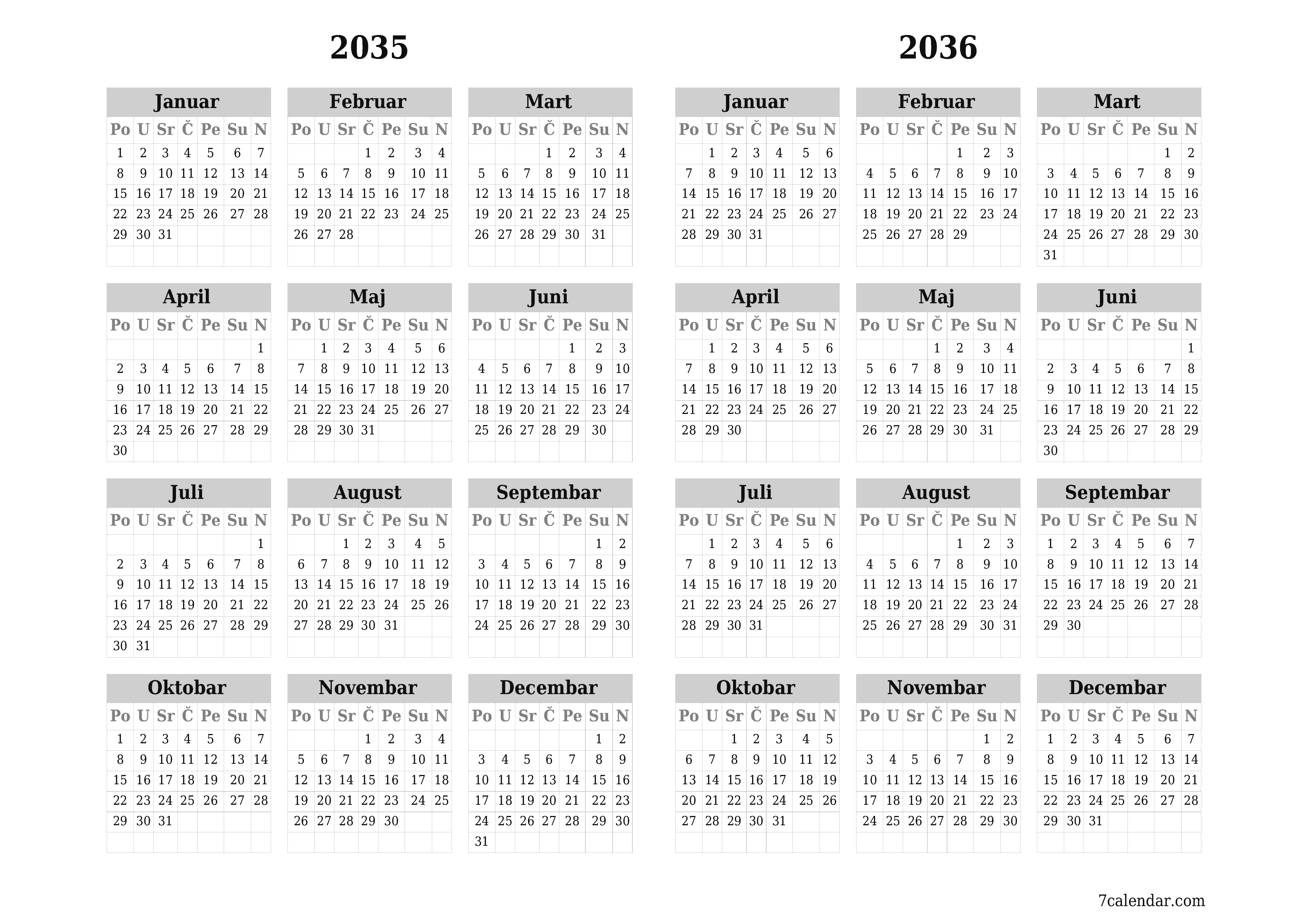 Ispraznite godišnji kalendar planera za godinu 2035, 2036 s bilješkama, spremite i ispišite u PDF PNG Bosnian