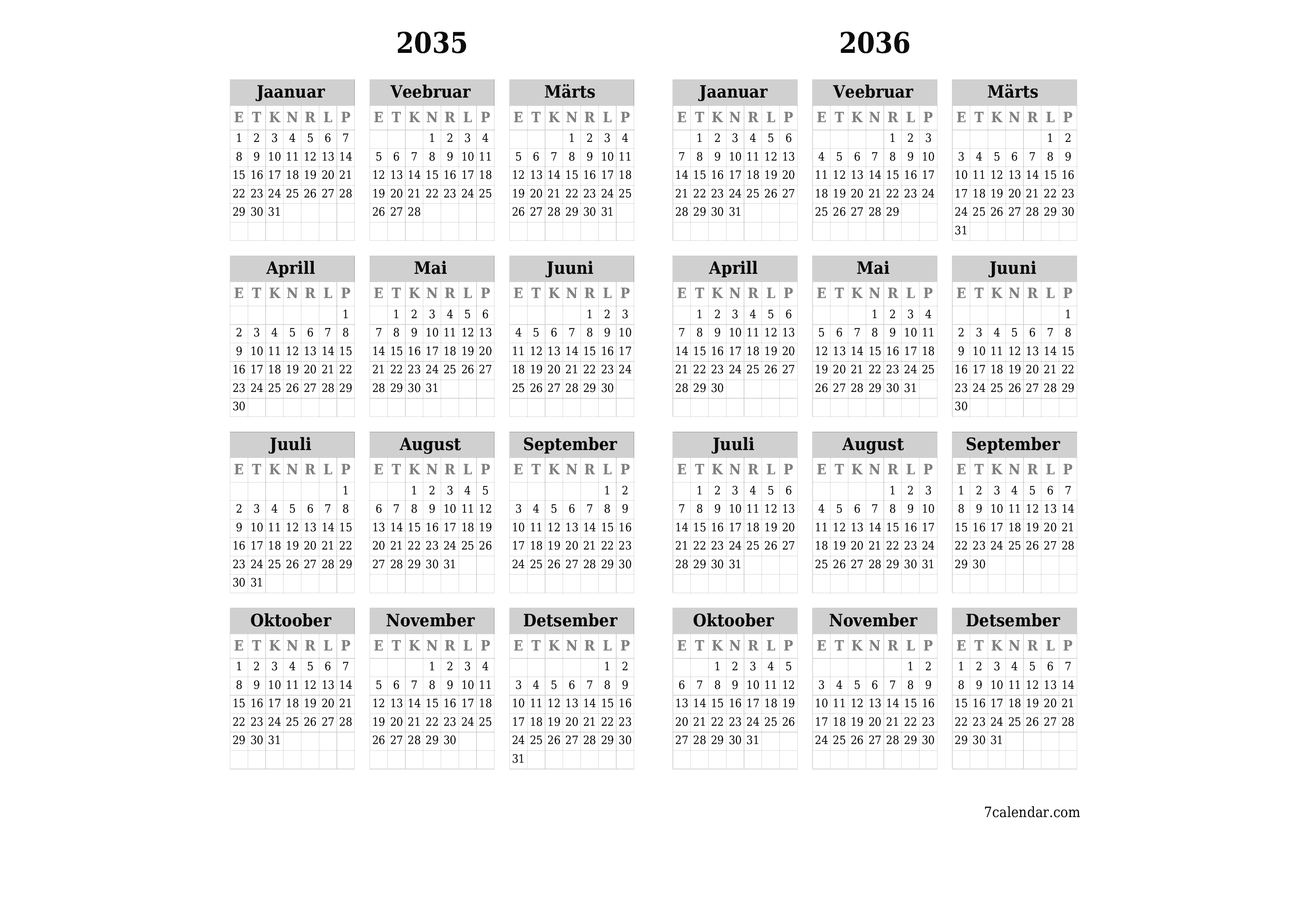 Tühi aasta planeerija kalender aastaks 2035, 2036 koos märkmetega, salvestage ja printige PDF-i PNG Estonian