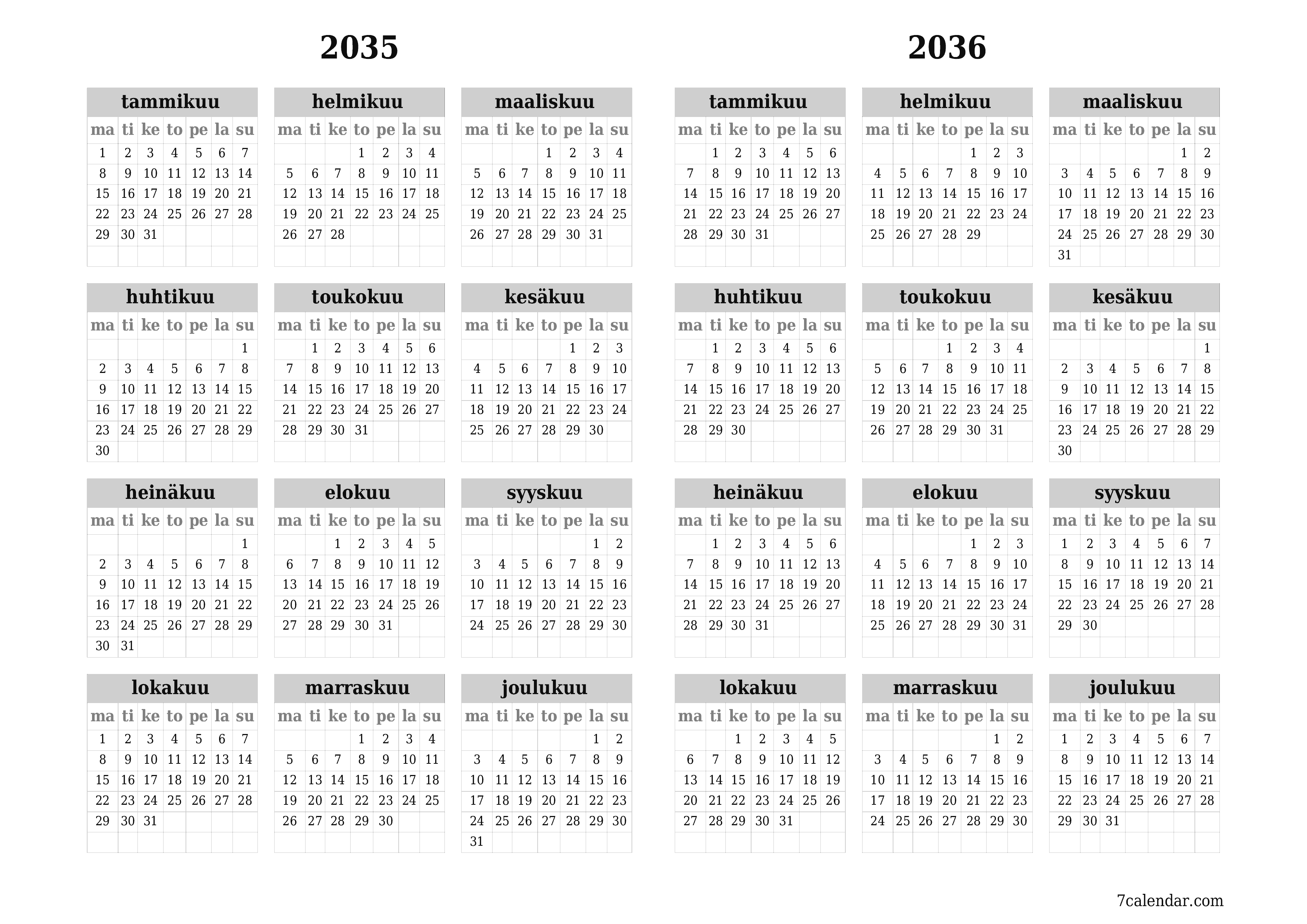 Tyhjä vuosisuunnittelukalenteri vuodelle 2035, 2036 muistiinpanoilla, tallenna ja tulosta PDF-muotoon PNG Finnish