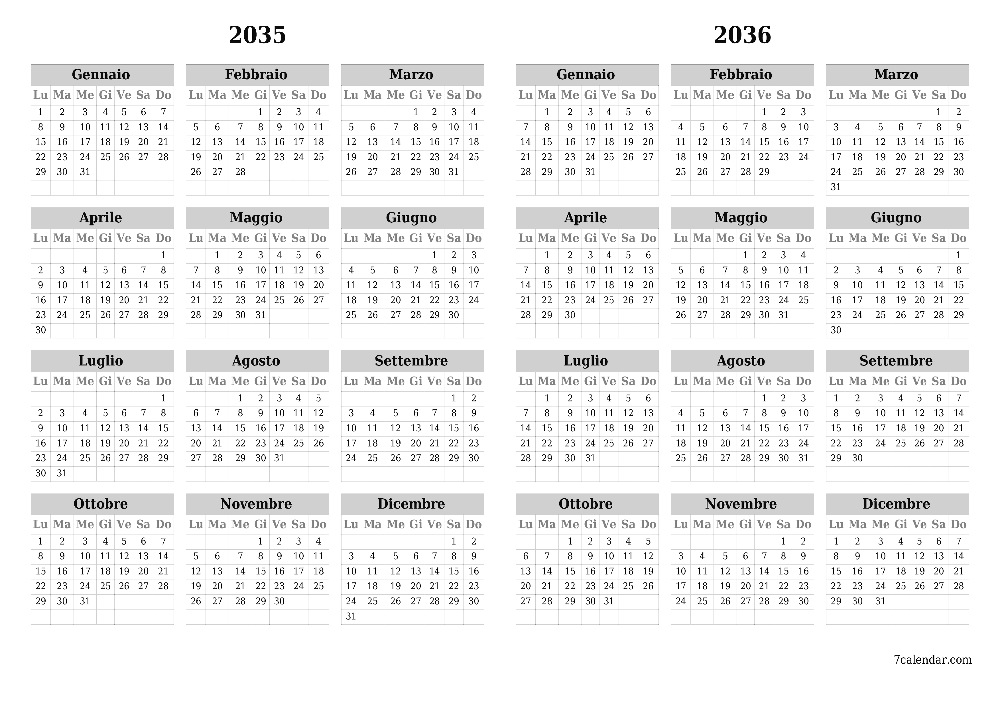 Calendario pianificatore annuale vuoto per l'anno 2035, 2036 con note, salva e stampa in PDF PNG Italian