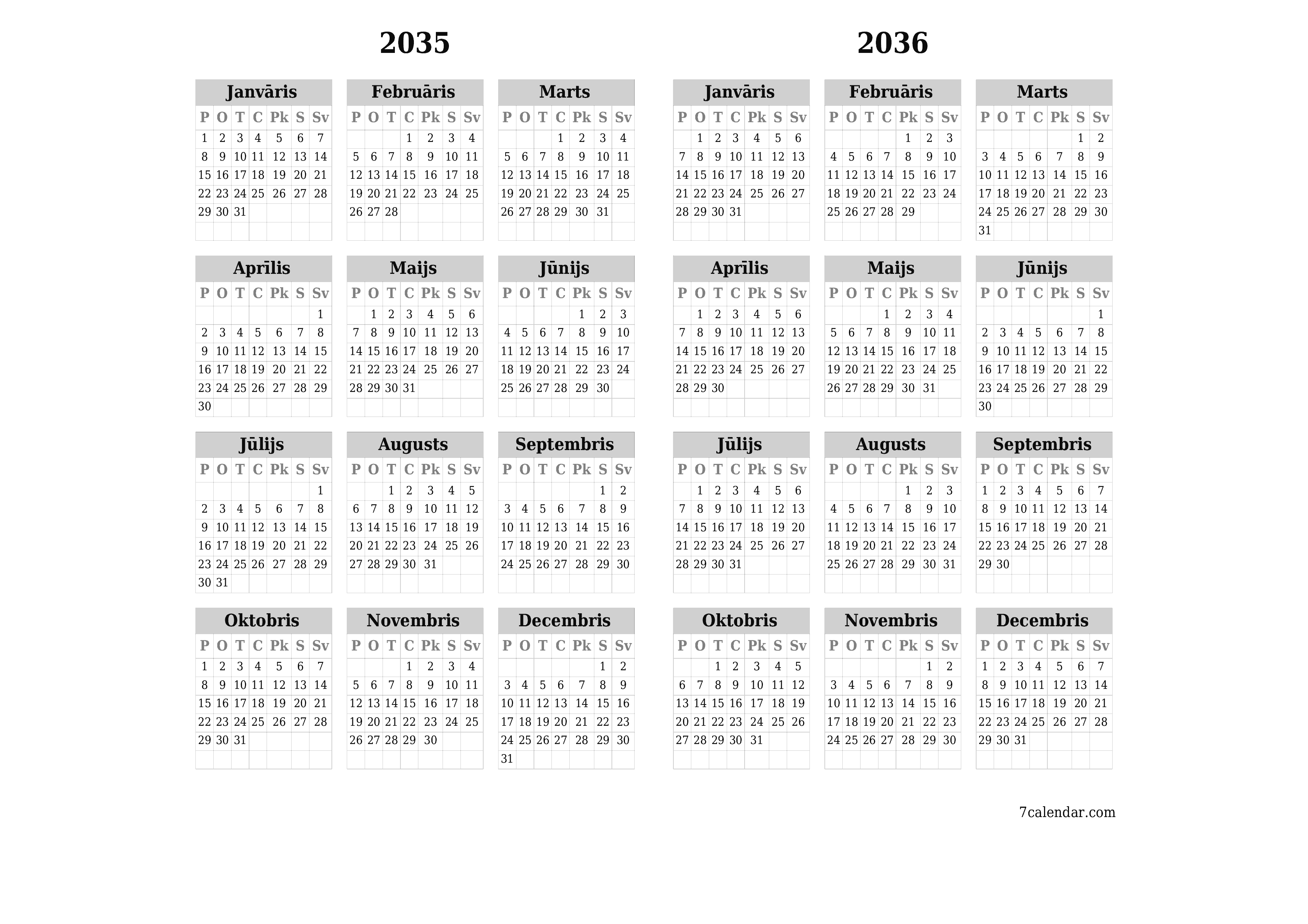 Tukšs gada plānotāja kalendārs gadam 2035, 2036 ar piezīmēm, saglabāšana un izdrukāšana PDF formātā PNG Latvian