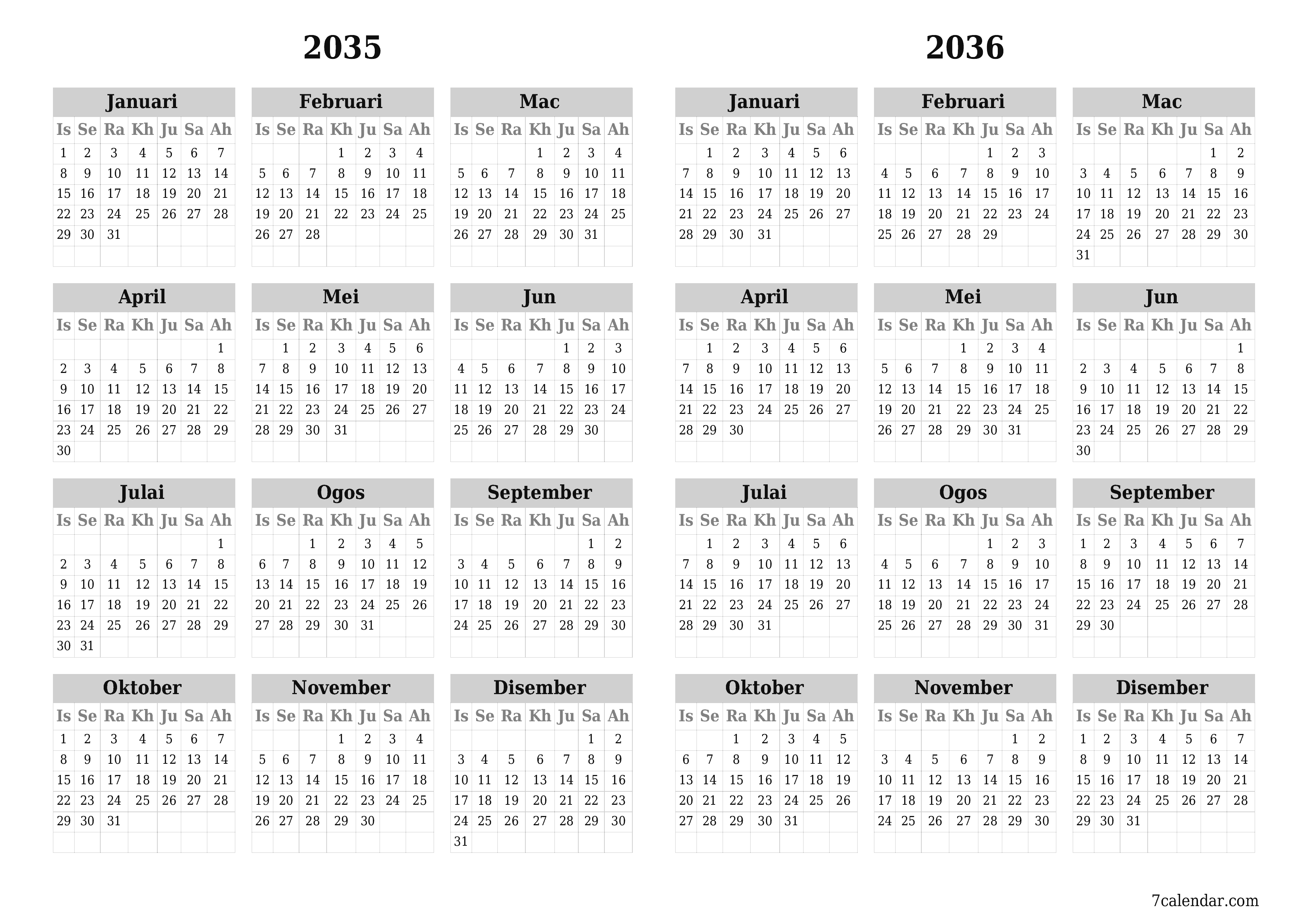 Kalendar perancang tahunan kosong untuk tahun ini 2035, 2036 dengan nota, simpan dan cetak ke PDF PNG Malay