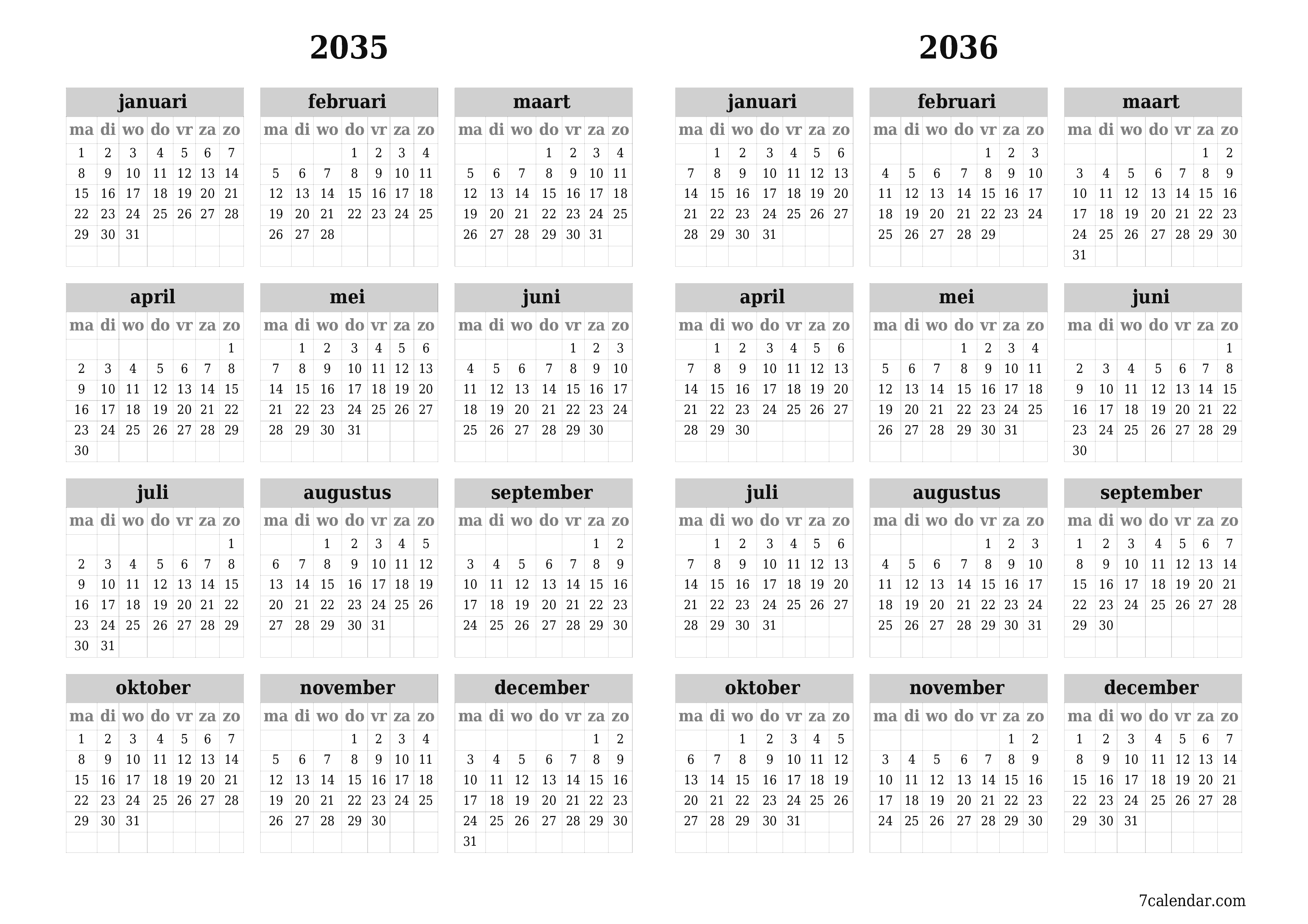 Lege jaarplanningskalender voor het jaar 2035, 2036 met notities, opslaan en afdrukken naar pdf PNG Dutch