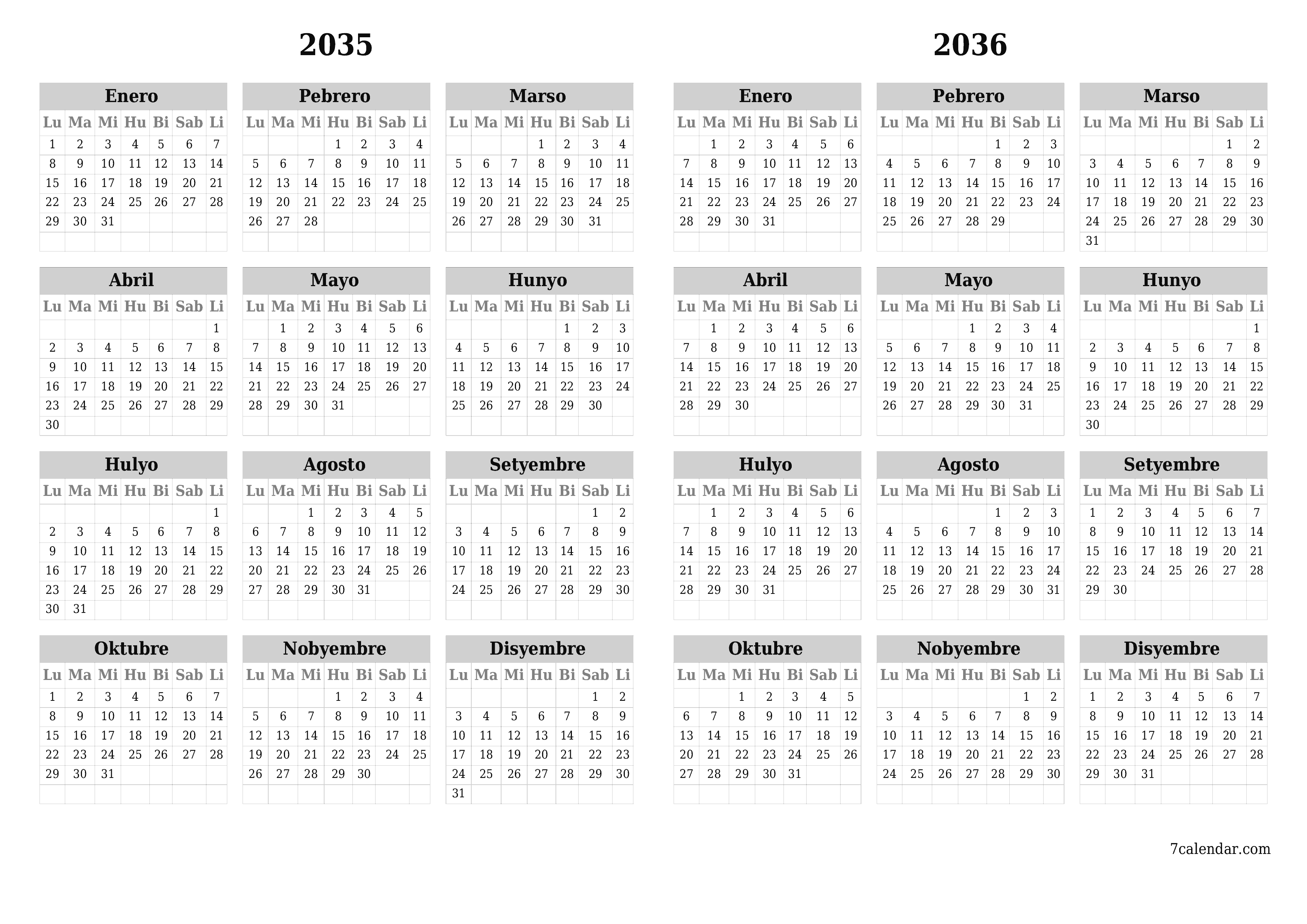Walang laman ang taunang kalendaryo ng tagaplano para sa taong 2035, 2036 na may mga tala, i-save at i-print sa PDF PNG Filipino